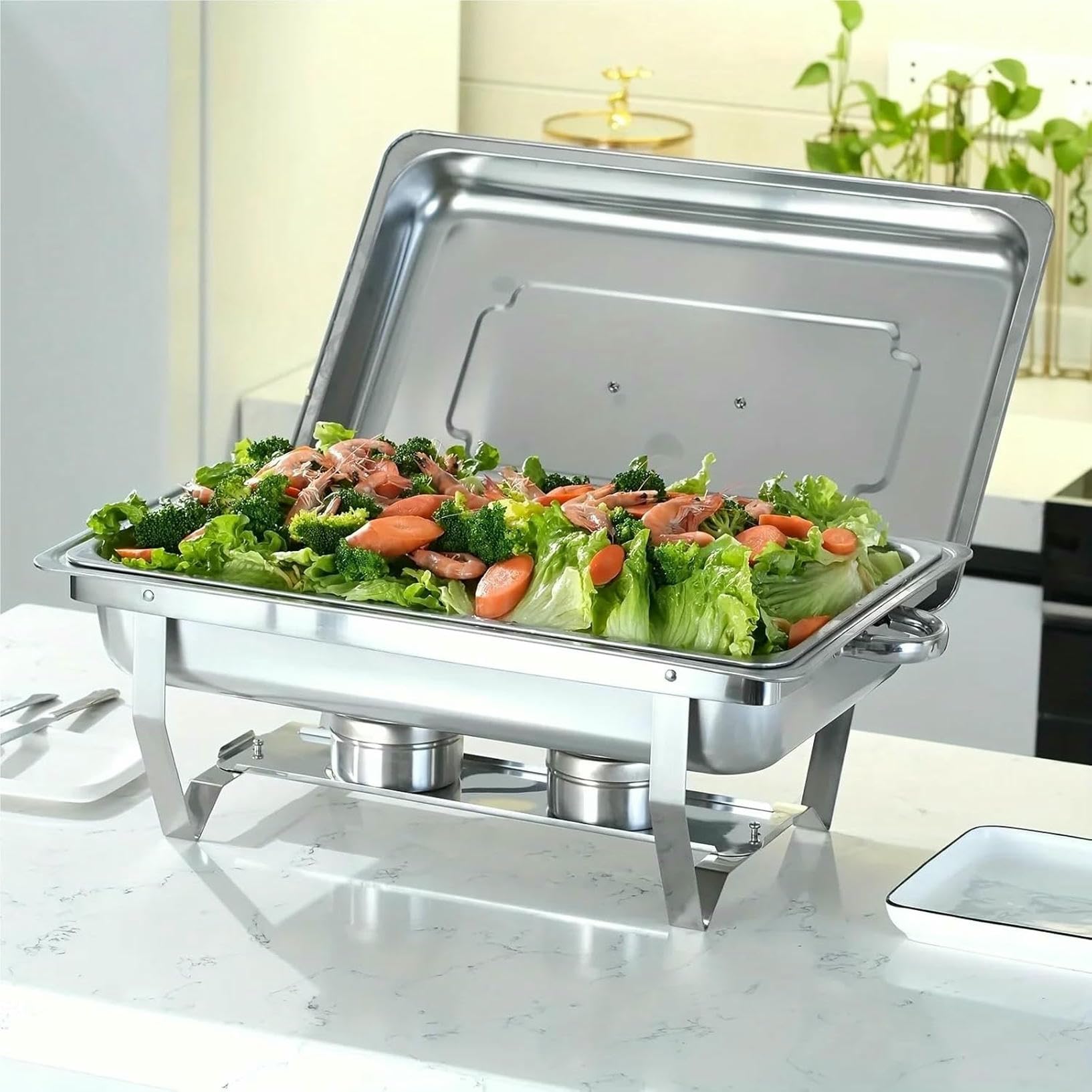 Juego de 4 platos de acero inoxidable de 8 cuartos de galón, calentador de alimentos con bandeja de agua y soporte de combustible, ideal para catering, fiestas, eventos y bufés al aire libre