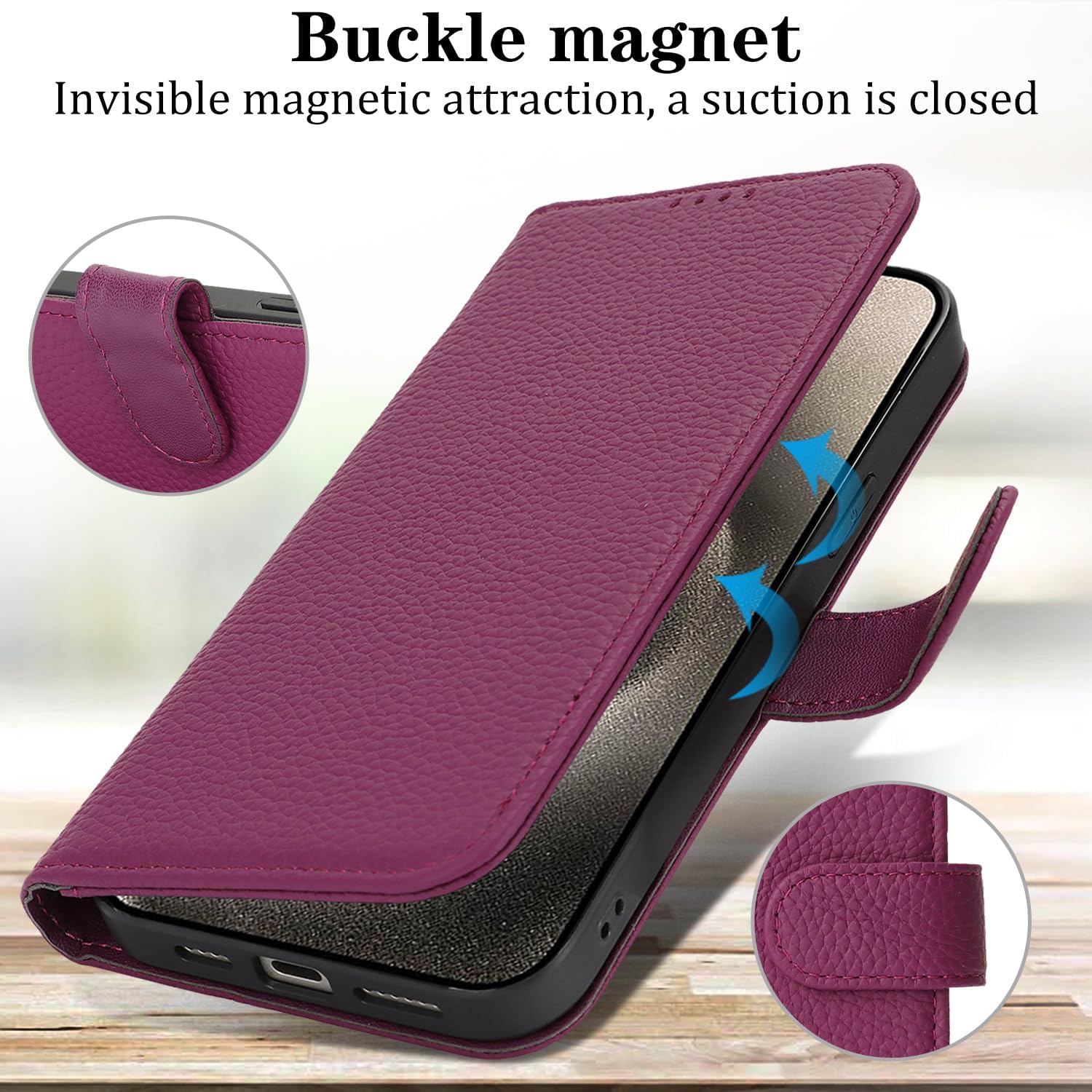 Zouzt Case for iPhone 15 Pro Max 6.7" Genuine Leather Wallet Case with 4 Card Slot, RFID Blocking Card Holder Magnetic Flip Folio Shockproof Phone Cover Women Men for iPhone 15 Pro Max - Rose Purple