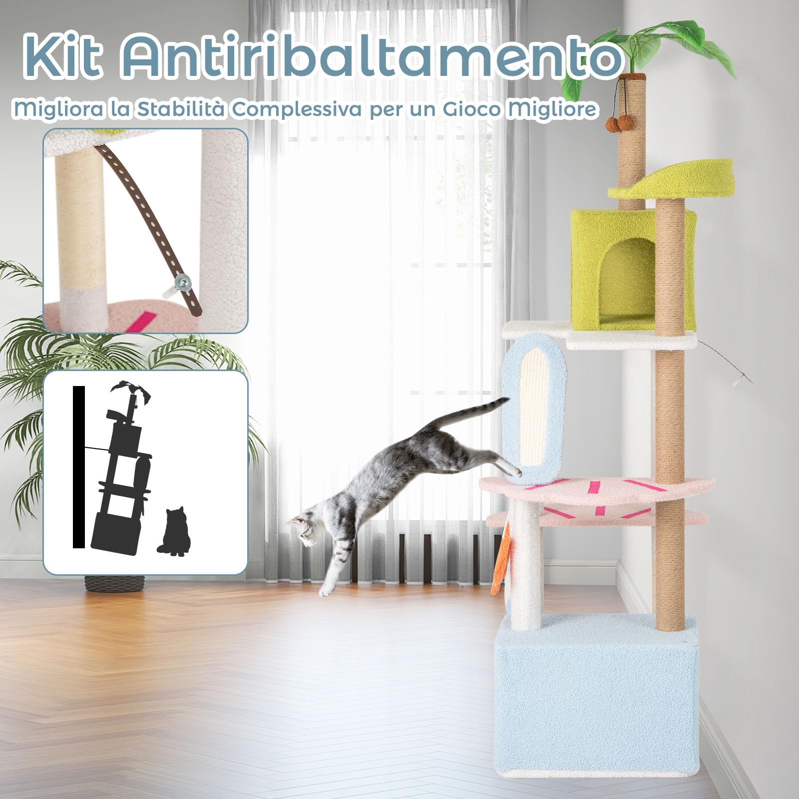GYMAX Albero Tiragraffi per Gatti Alta180 CM, Torre Multilivello con 2 Condomini, Rampicante e Posti per Graffiare, Morbida, Decorazione a Tema Spiaggia, Centro Attività per Gattini e Gatti Adulti