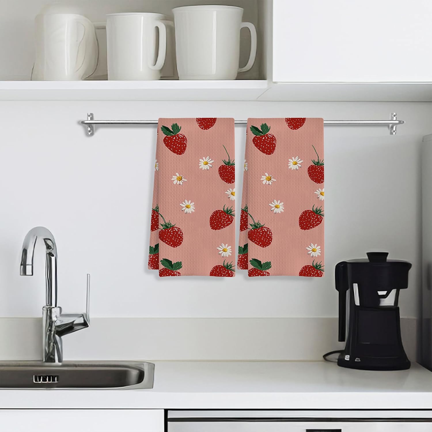 Strawberry with Flowers Hand Towels for Bathroom Set of 2,Soft Absorbent Waffle Weave Kitchen Towels Dish Towel,Decorative Bathroom Towel for Kitchen Yoga Home Decor 16X24 Inch
