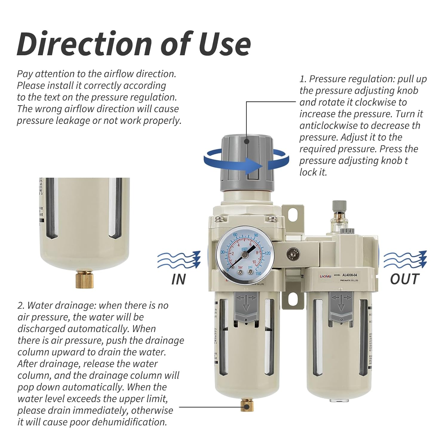 Industrial Air Compressor Filter Regulator Lubricator (FRL) Unit - 1/2 NPT Oil Water Separator with Pressure Gauge & Semi-Auto Drain for Pneumatic Systems - Image 5