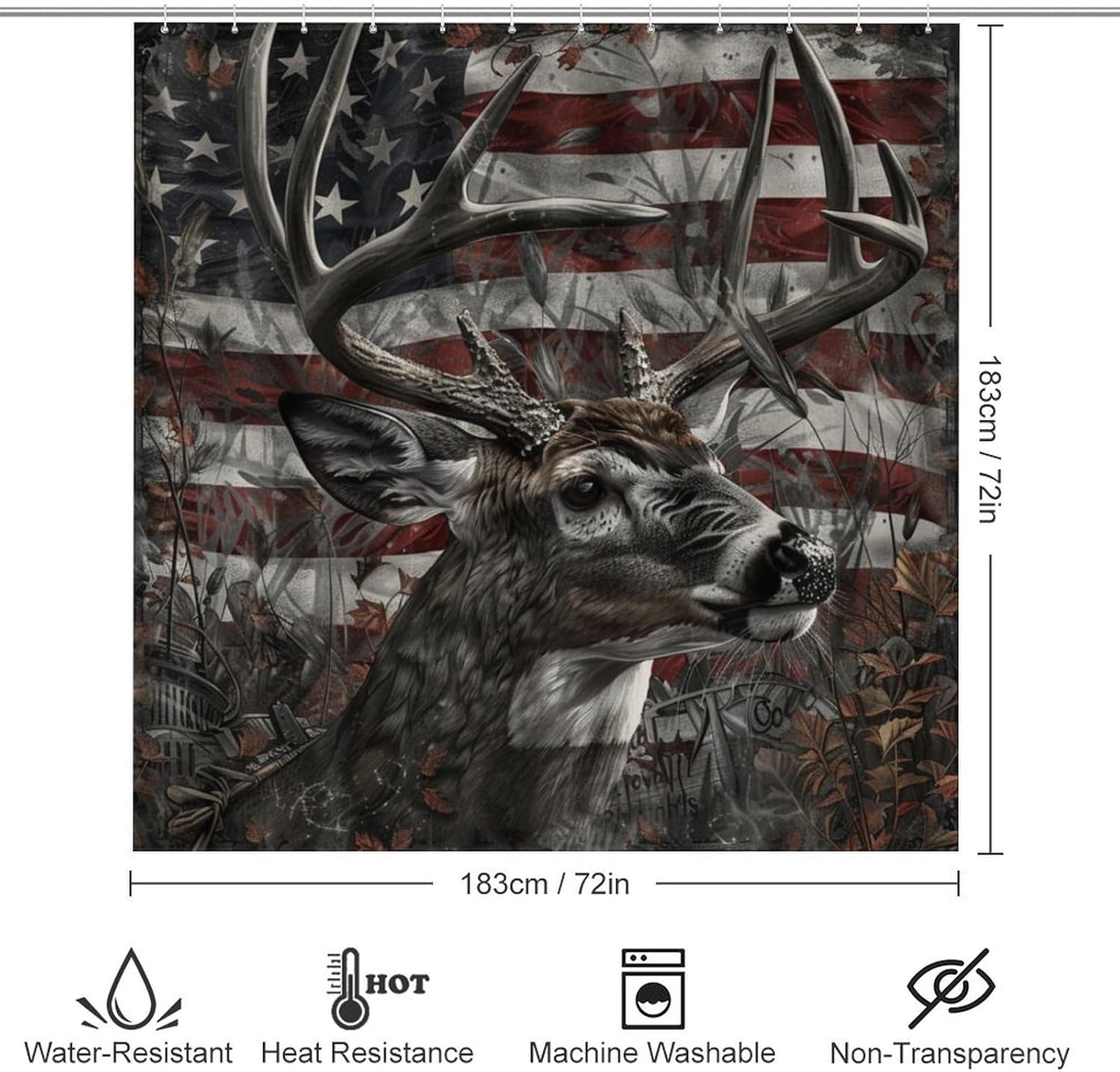 4Pcs American Flag Deer Shower Curtain Sets, Bathroom Decor Set with Rugs, Bath Mat Wild Animal Shower Curtain, 72 X 72 Inch