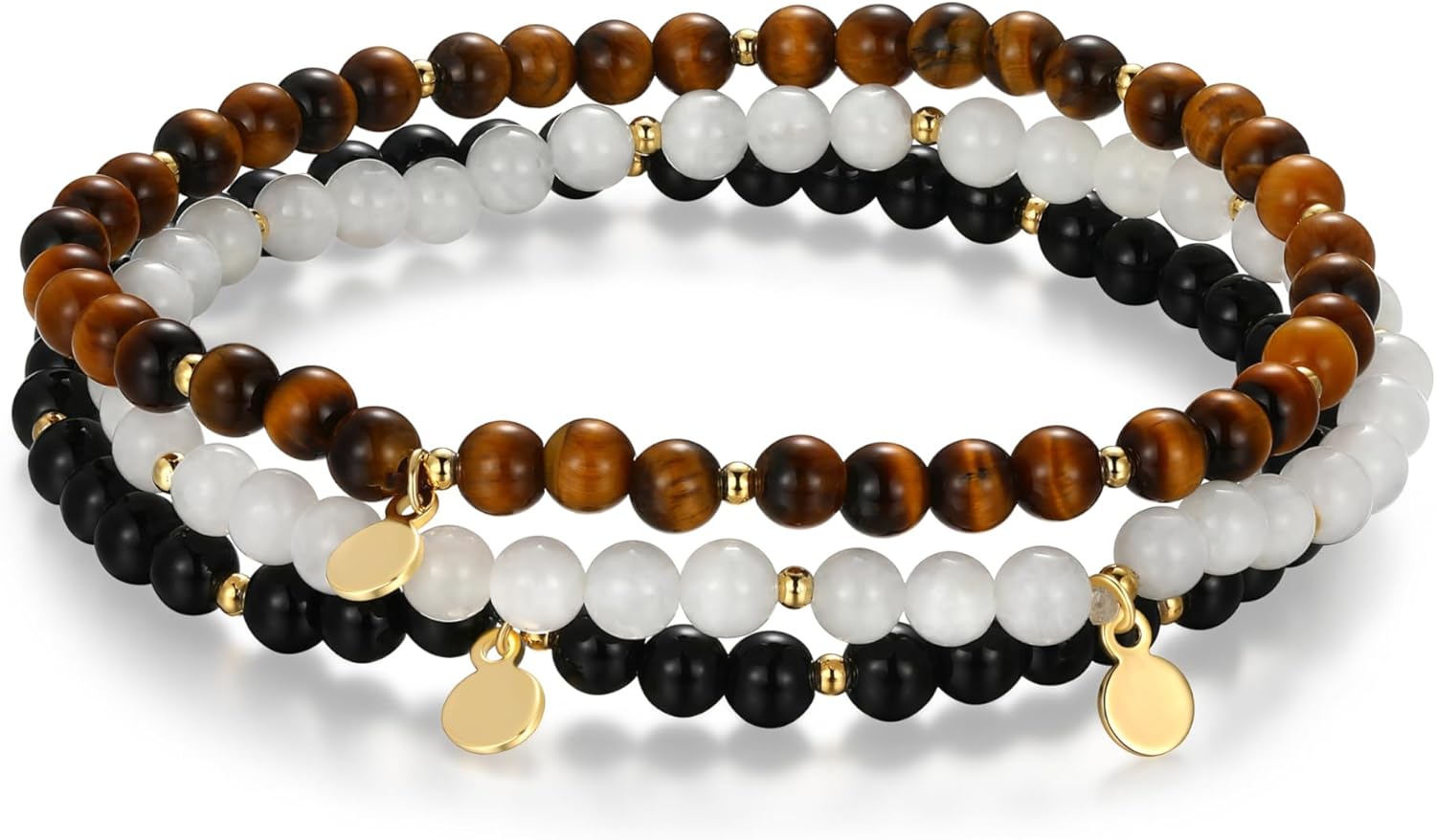 MORGAN & PAIGE Bronze 18k Yellow Gold Plated Genuine Gemstones Bracelets for Women Trendy - Dainty Gold Beaded Bracelets for Women 4mm Gemstone Beads, Adjustable 6.5 Inch Stretch Set of 3