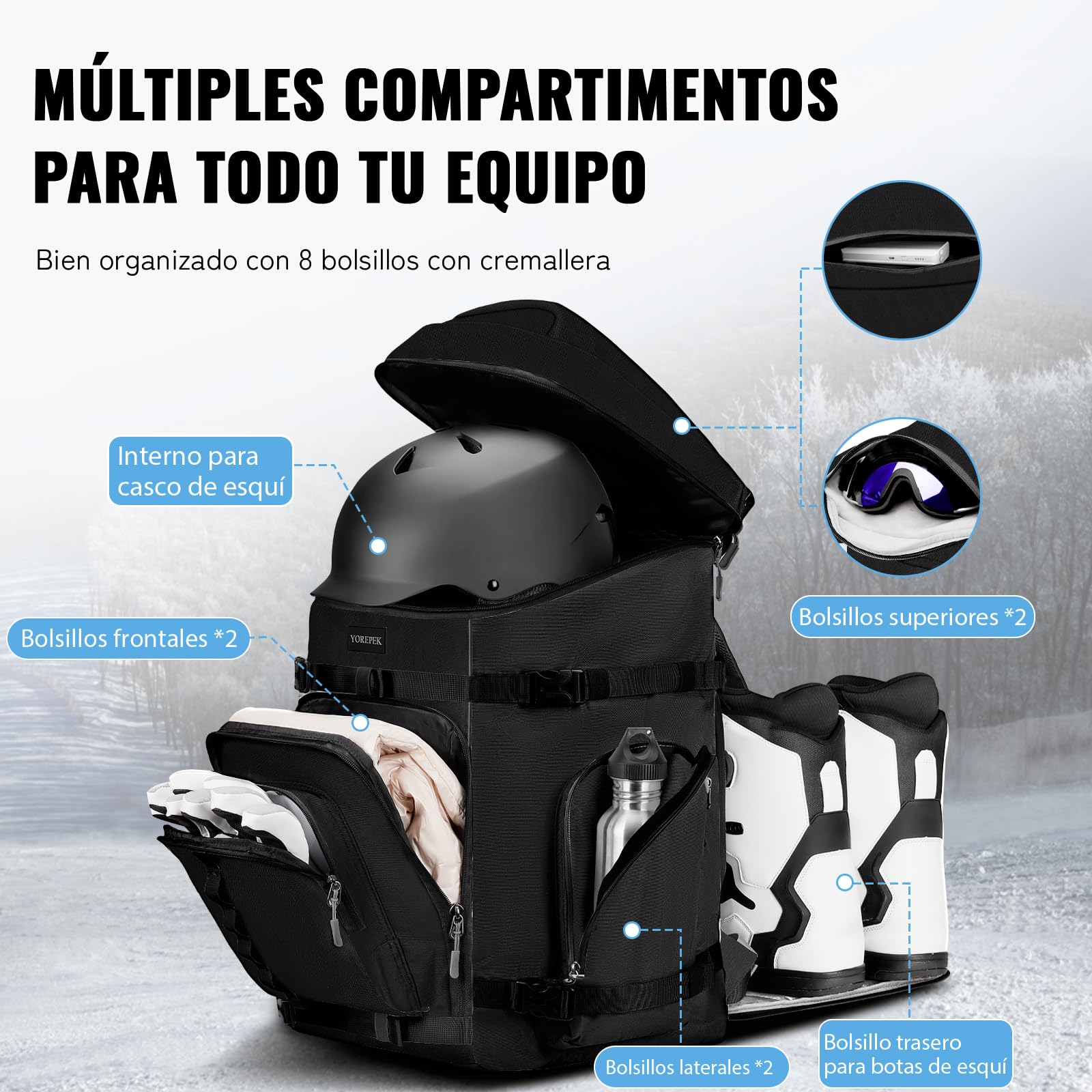 YOREPEK Mochila Bolsa Botas Esqui 65L Impermeable Casco Snowboard Negro
