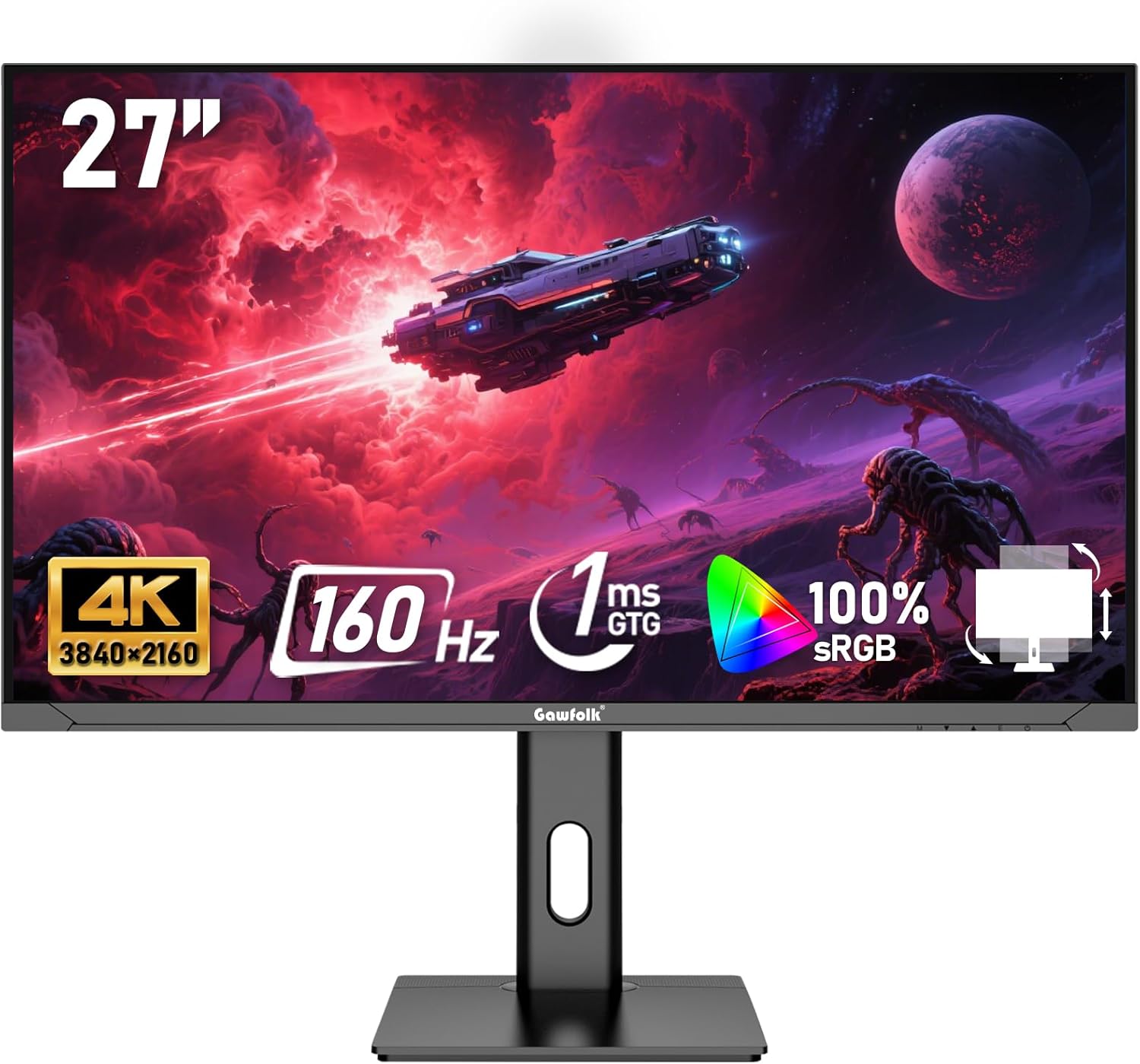 Gawfolk Écran PC 27 Pouces IPS, Moniteur de Jeu 4K UHD 160Hz, 1ms, FreeSync, 100% sRGB, Grand Angle de Vision de 178°, HDMI 2.1, DisplayPort, réglable en Hauteur et pivotant, VESA 75 * 75mm - Noir