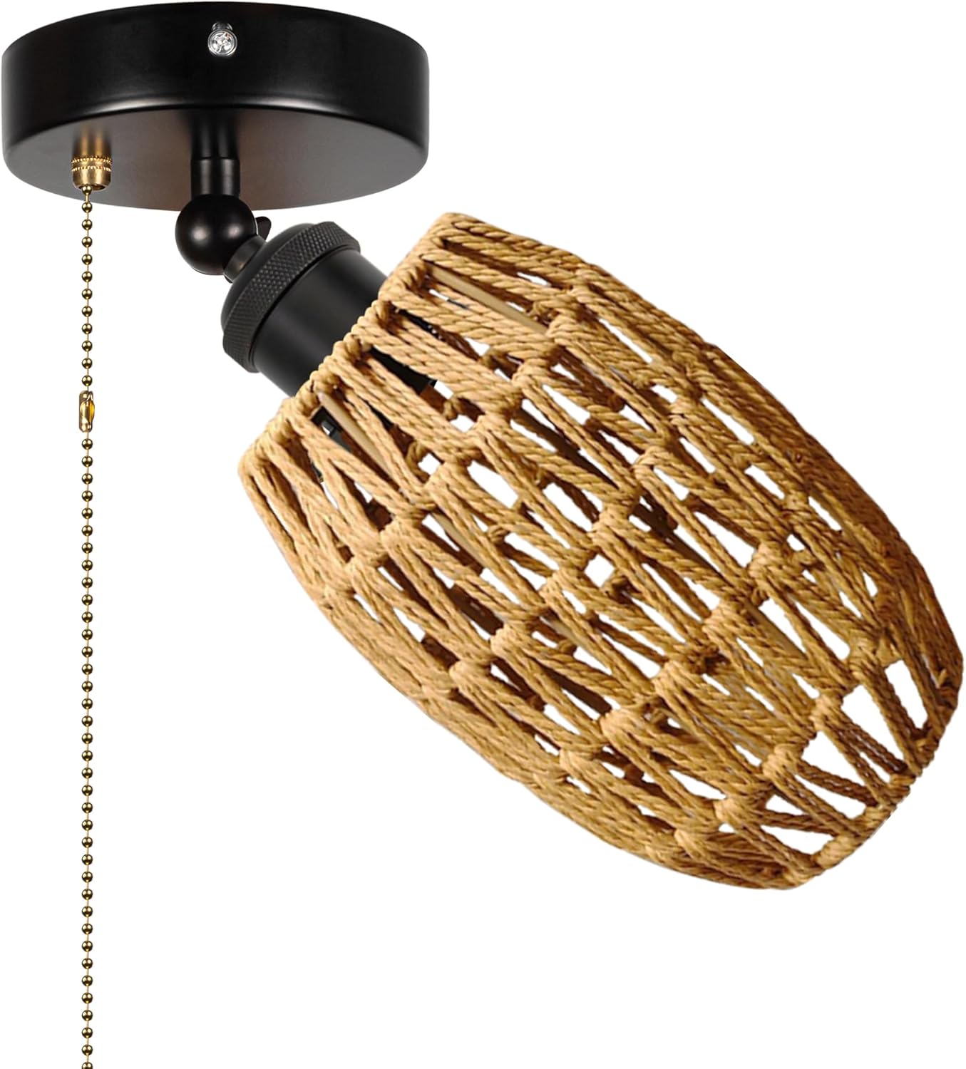 Adjustable Light, Zipper Switch 12V RV Industrial Woven Natural Boho Hollow-Carved Designed Rattan Dome, E26 Socket Semi Flush Mount Interior Lighting Decorative for RV Camper Hallway