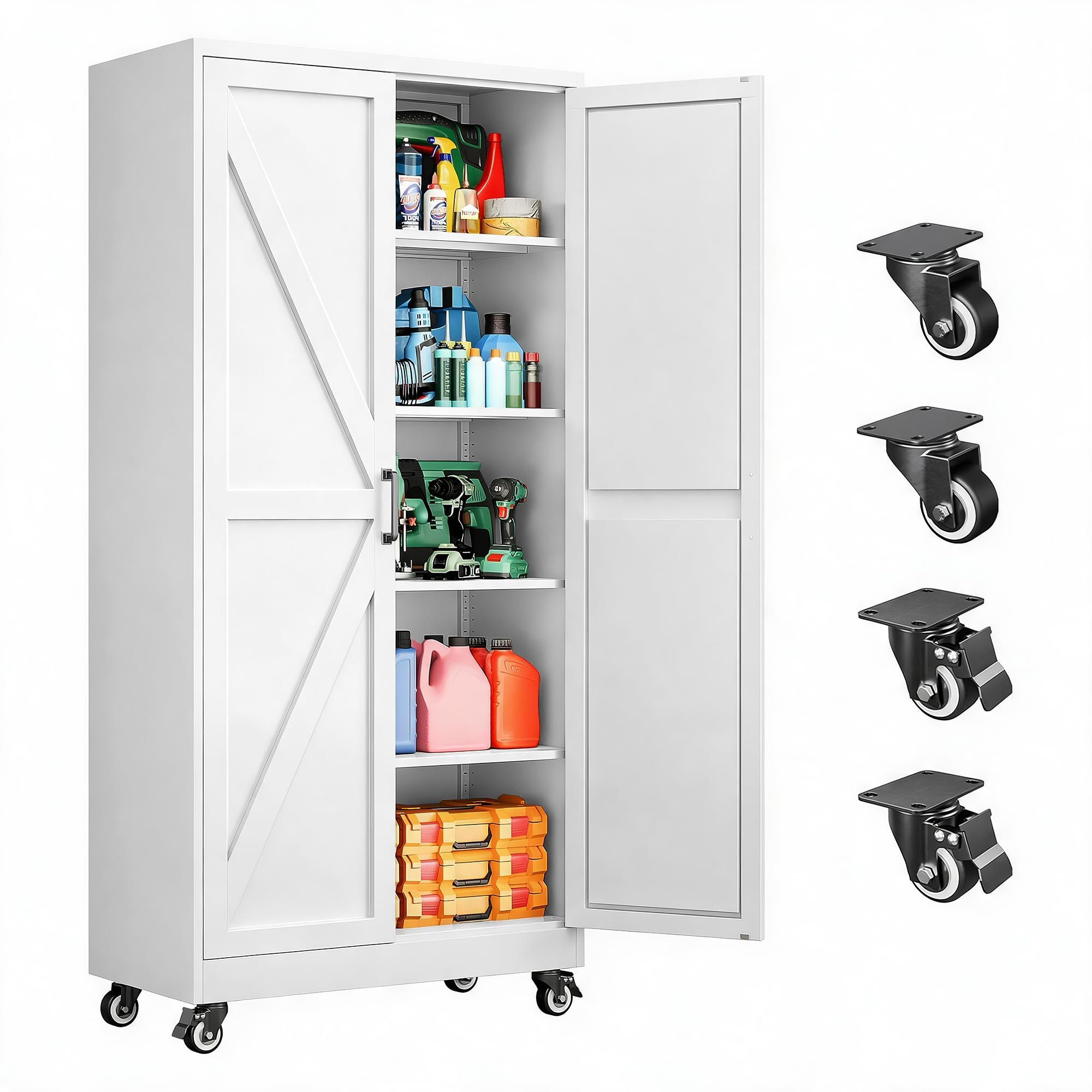 Wide &amp; Deep Metal Storage Cabinet with Wheels,72 inch Tall Rolling Garage Storage Cabinet,Metal Cabinets with Wheels and Shelves, Deep Heavy Duty Tool Cabinet for Garage,Home,Office,Shop (White)