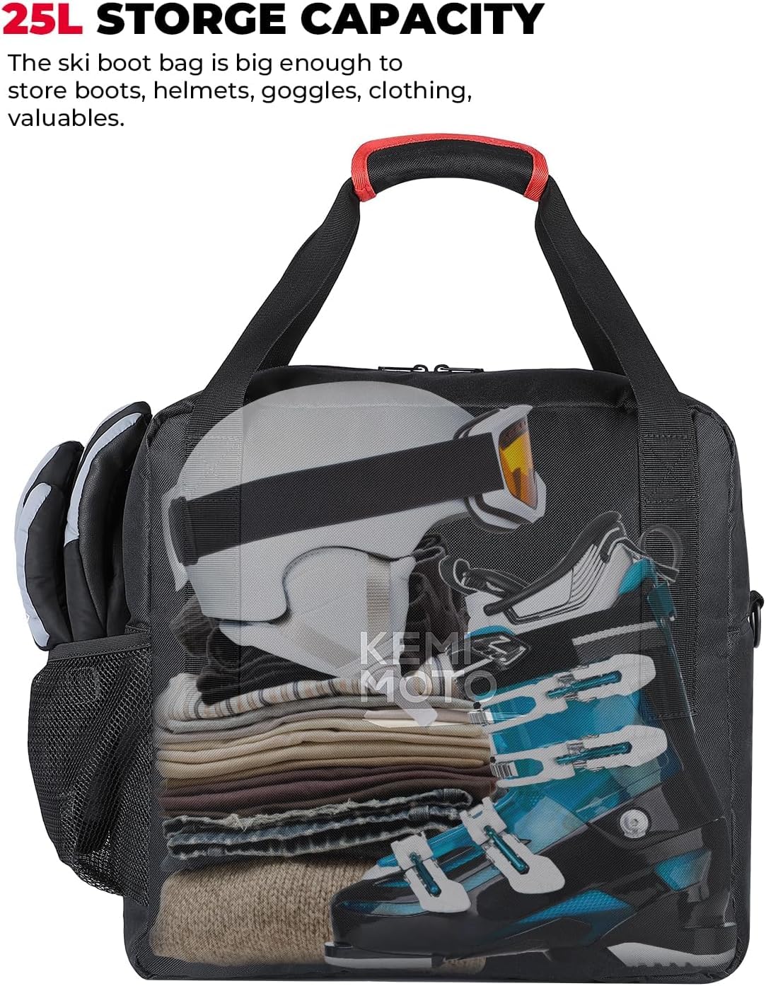 KEMIMOTO Bolsa y Correa para Botas de Esquí, Adecuada para Botas de Esquí de hasta 200 cm de Largo, Capacidad de 25L, Tejido de Malla Impermeable Transpirable Duradera