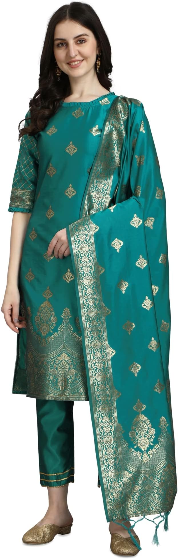 VredeVogel Women's Cotton Silk Jacquard Kurta Pant with Dupatta Set