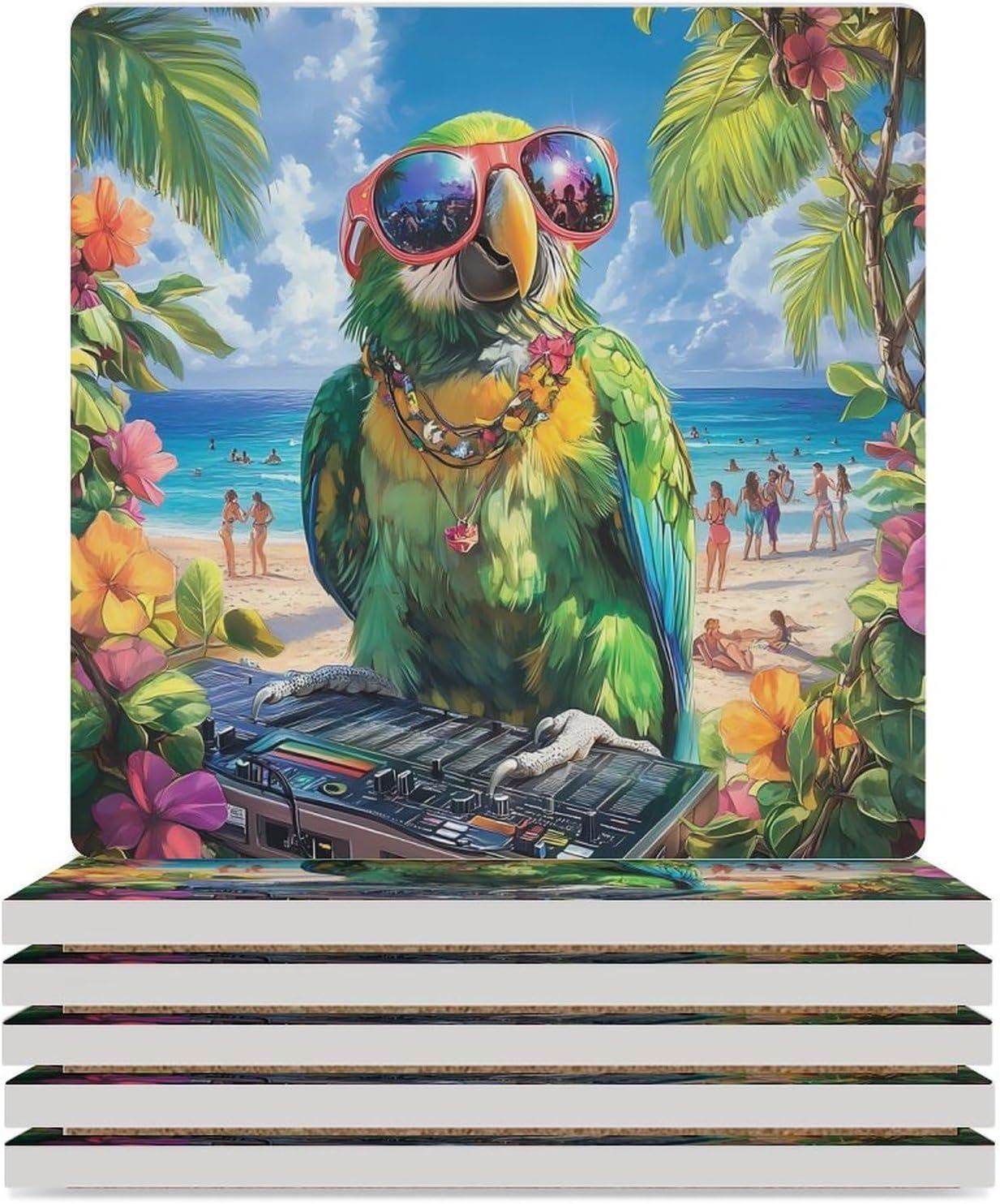 Funny Parrot Print Coasters for Drinks Square Table Coasters Set Cup Mats with Cork Base