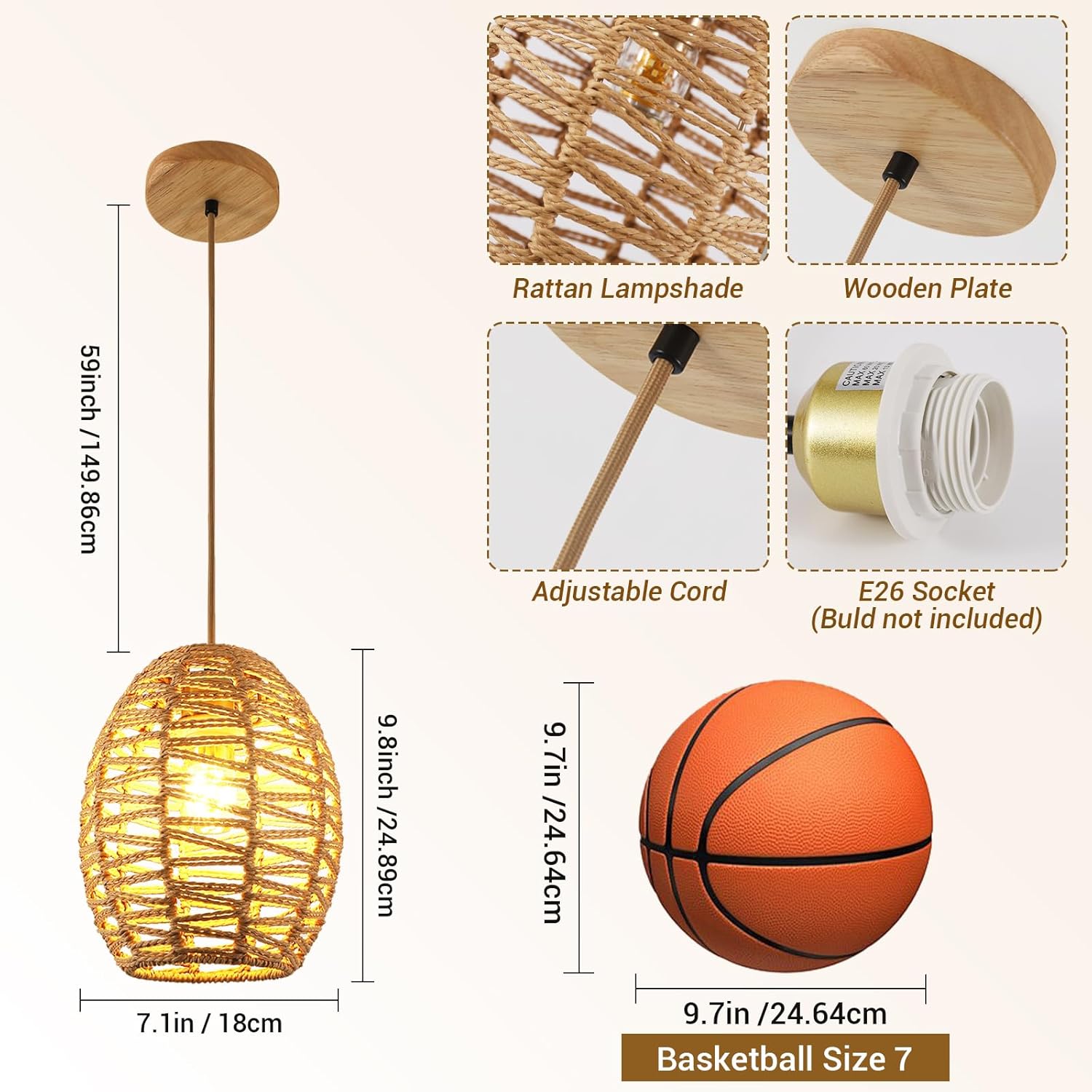 DELIPOP Pendant Light, Hand-Woven Rattan Chandelier, Boho Adjustable Hanging Lights for Living Room, Dining Room, Kitchen, Bedroom, Farmhouse