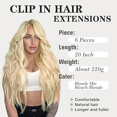 Miniatura 2 de NAYOO Extensiones de cabello con clip para mujer, de 20 pulgadas, largo, ondulado, rizado, mezcla de rubio decolorado, extensión de cabello