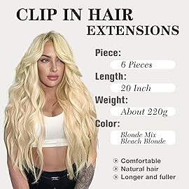 NAYOO Clip in Hair Extensions for Women 20 Inch Long Wavy Curly Blonde Mix Bleach Blonde Hairpieces Full Head Synthetic Hair Hairpieces(6PCS,Blonde Mix Bleach Blonde)