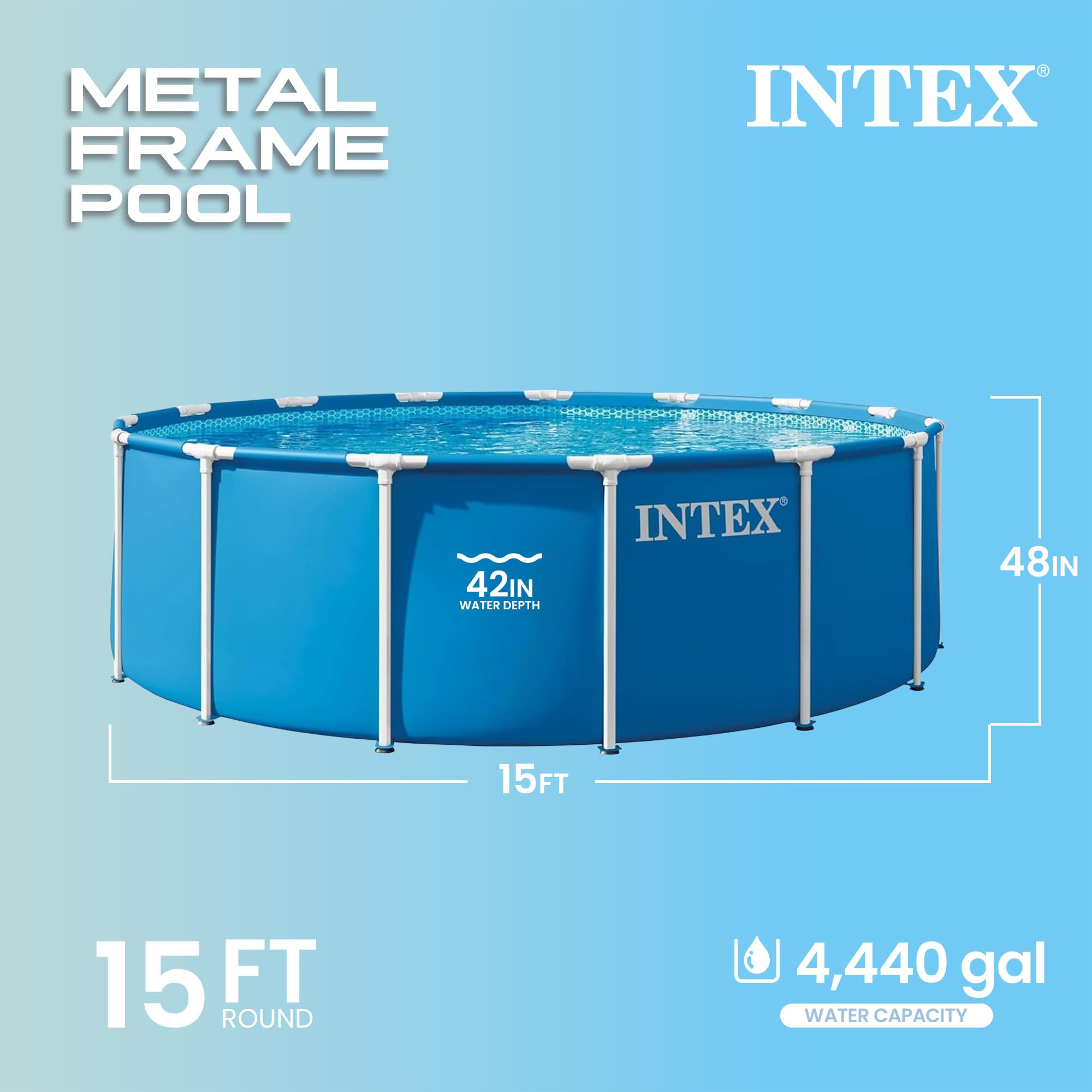 INTEX Metal Frame 15 ft x 48 in Above Ground Pool Set, Round Swimming Pool with Steel Frame, 1000 GPH Cartridge Filter Pump, and Type A Filter Cartridge - 2