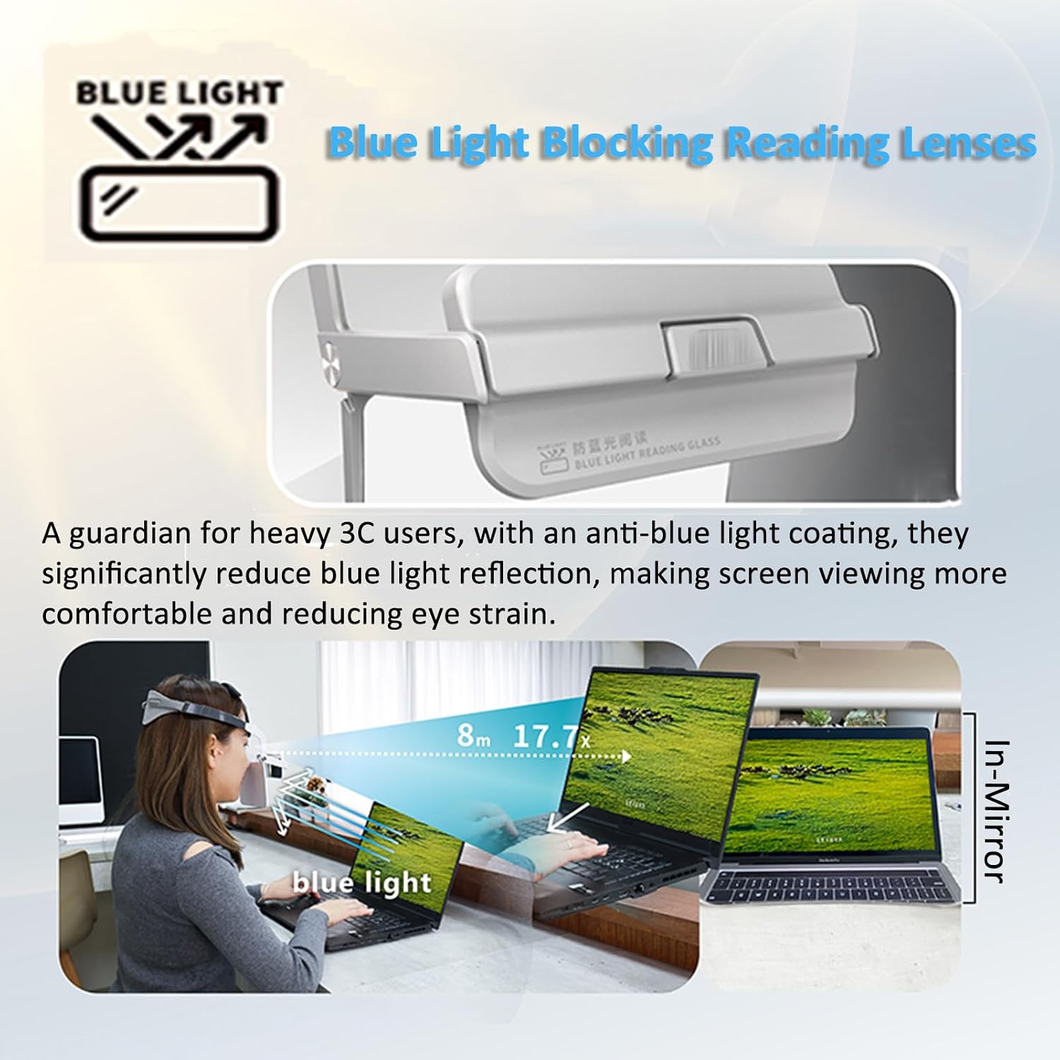17.7X Head-Mounted Eye Protection and Adjustable Blue-Light-Blocking Screen, Vision Training Equipment, with Objective Lens + 3 Eyepieces, for Sitting Upright