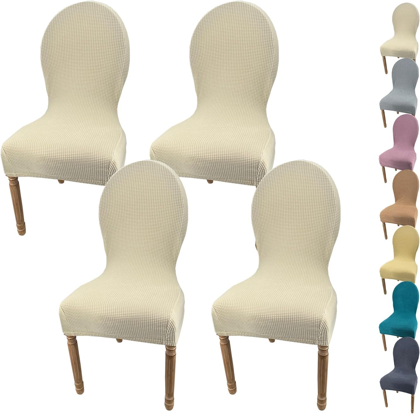Round Back Dining Chair Slipcovers Stretch Curved Back Kitchen Chair Cover Elastic Chair Slipcovers for Dining Room Kitchen Solid Color Dining Table Chair Protectors Covers,Beige,4pcs