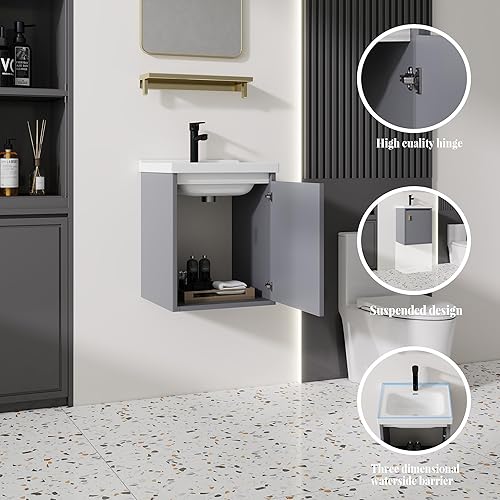 Miniatura 127 de Tocador de baño de 20 pulgadas con lavabo de cerámica, tocador de baño pequeño montado en la pared con puerta de cierre suave, gabinete flotante