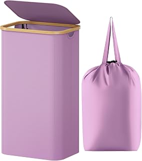 Lifewit 105L Large Laundry Basket with Lid, Removable Bags, Purple | Foldable Laundry Hamper with Bamboo Handles, Tall Laundry Bin, Dirty Clothes Hamper for Laundry Room, Bedroom, Bathroom, Dorm