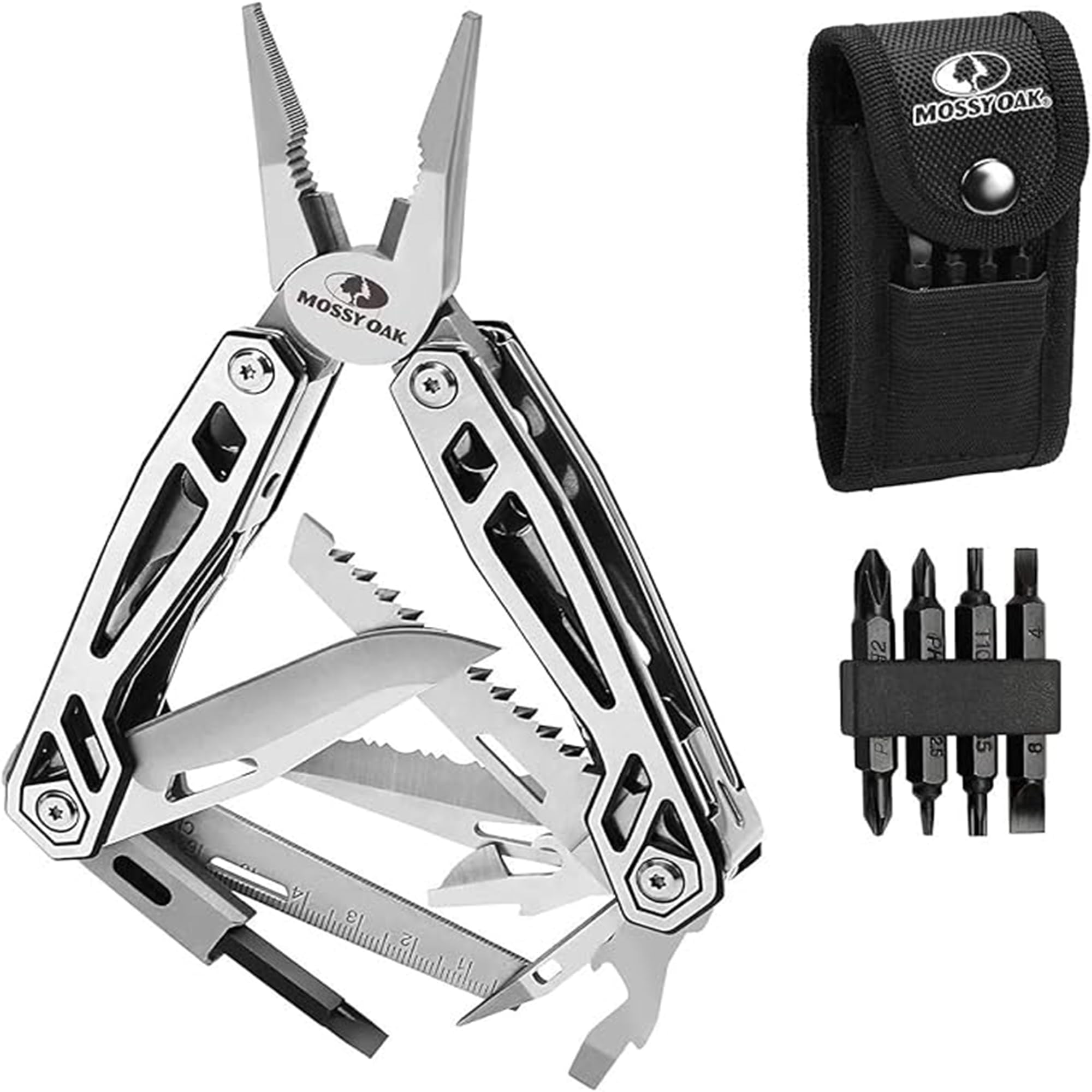 Mossy Oak Alicates Multiusos, Multiherramienta de Alicates 21 en 1, Navaja Multiusos, Herramienta Multiusos con Cuchillo, Destornillador para Camping, Reparación, Senderismo, Incluye Bolsa Portátil