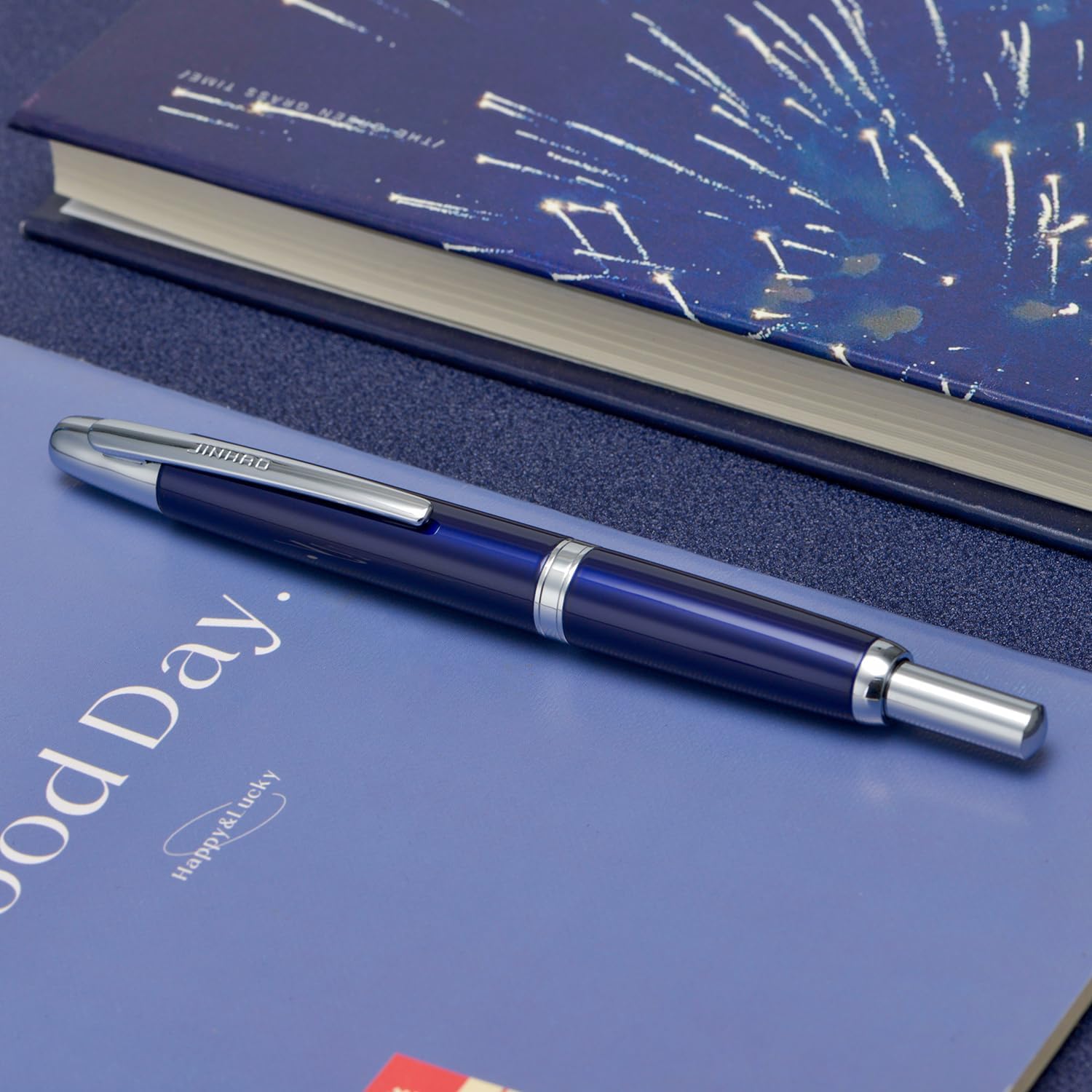 Jinhao 10 Press Fountain Pen with Box, Dark Blue Retractable Extra Fine Nib with Ink Converter Set (Silver Clip)
