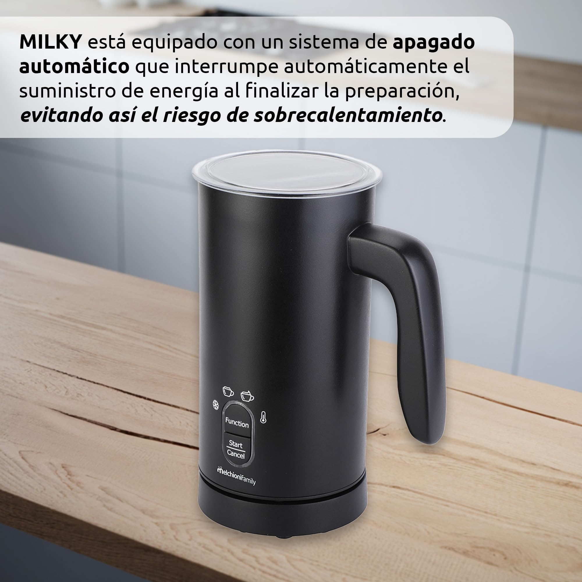 Melchioni Family Milky - Espumador de leche eléctrico, capacidad 300 ml, 4 en 1, apagado automático, espuma fría y caliente, chocolate caliente, capuchino como bar