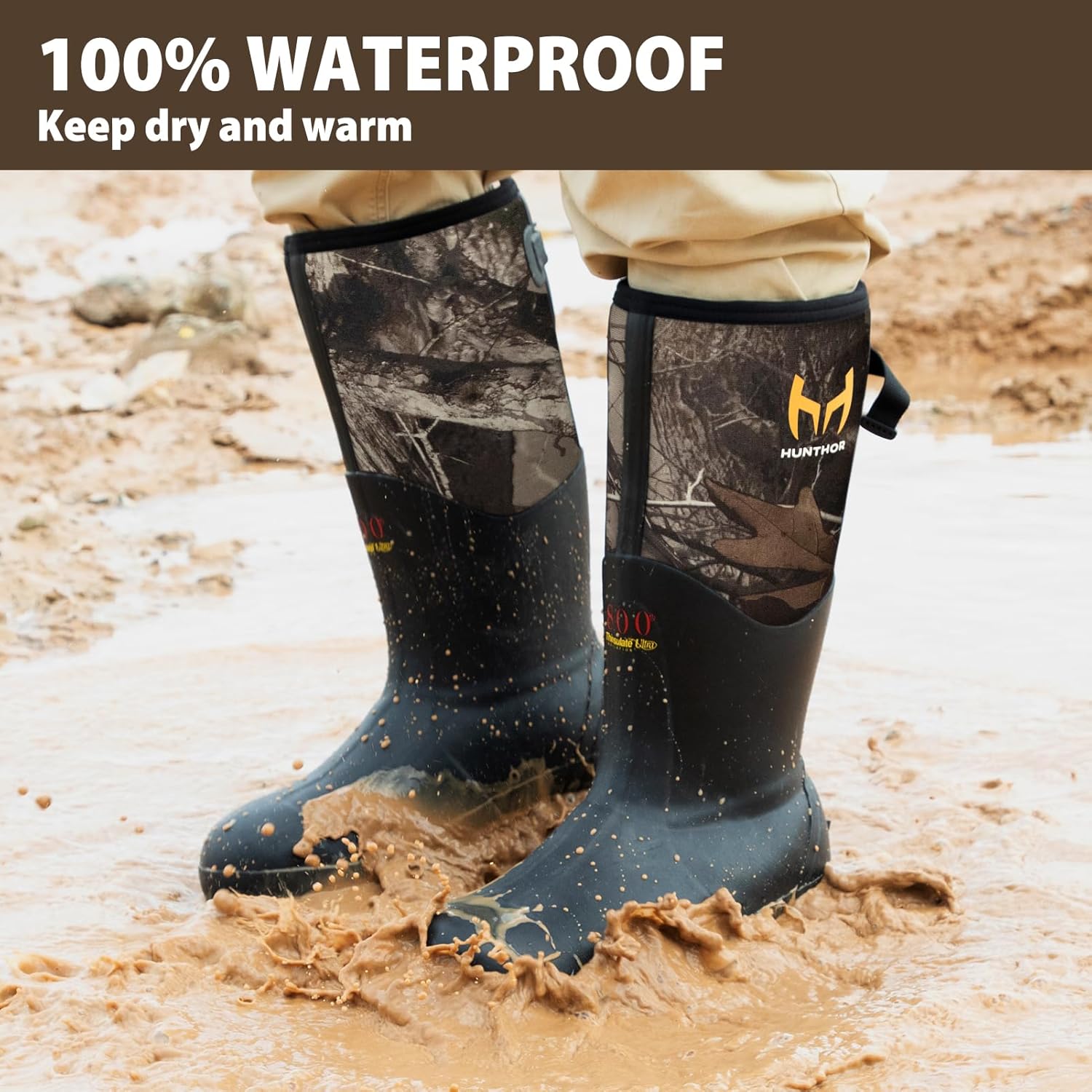 Rubber Work Boots with 800g Insulation, Puncture-Proof Steel Toe & Shank, Waterproof and Insulated 6mm Neoprene Hunting Boots for Farming, Construction, Fishing, and Manufacturing (Size 6-14)