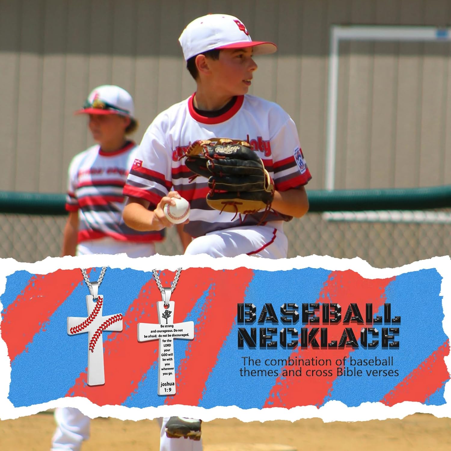 Baseball Bible Verse Cross Necklace for Boys Men 22+2 Inches, 316L Stainless Steel Chain American Flag Pendant, Christian Religious Easter Jewelry Gifts for Teens Boys Players with Velvet Pouch - Image 2