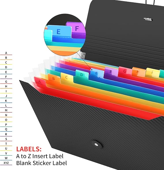 Uquelic 13 Pocket Expanding File Folder with Labels, Rainbow Twill A4 Paper Bill Receipt Paperwork Organiser Storage, Plastic Portable Accordion Document Holder for Office Home School