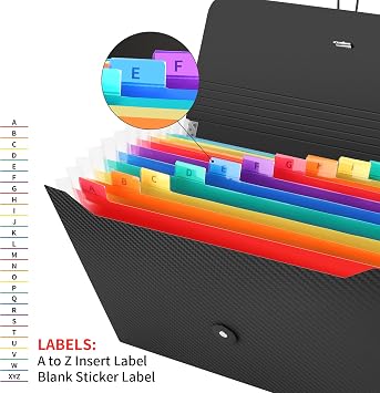Uquelic 13 Pocket Expanding File Folder with Labels, Rainbow Twill A4 Paper Bill Receipt Paperwork Organiser Storage, Plastic Portable Accordion Document Holder for Office Home School