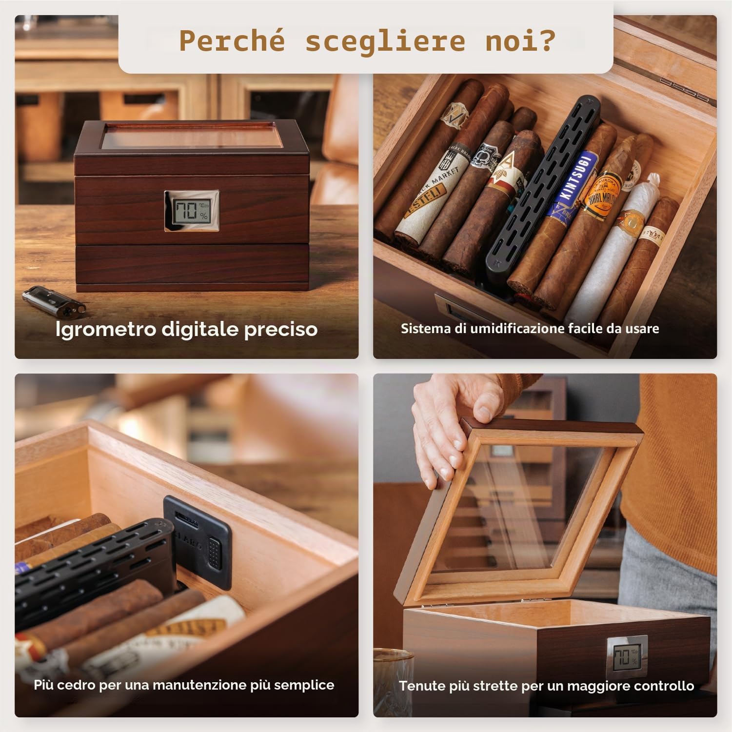 Humidor per Sigari in Cedro con Finiture in Ciliegio Fatto a Mano con Igrometro Anteriore Digitale - Tenuta (25-50 sigari) di Case Elegance