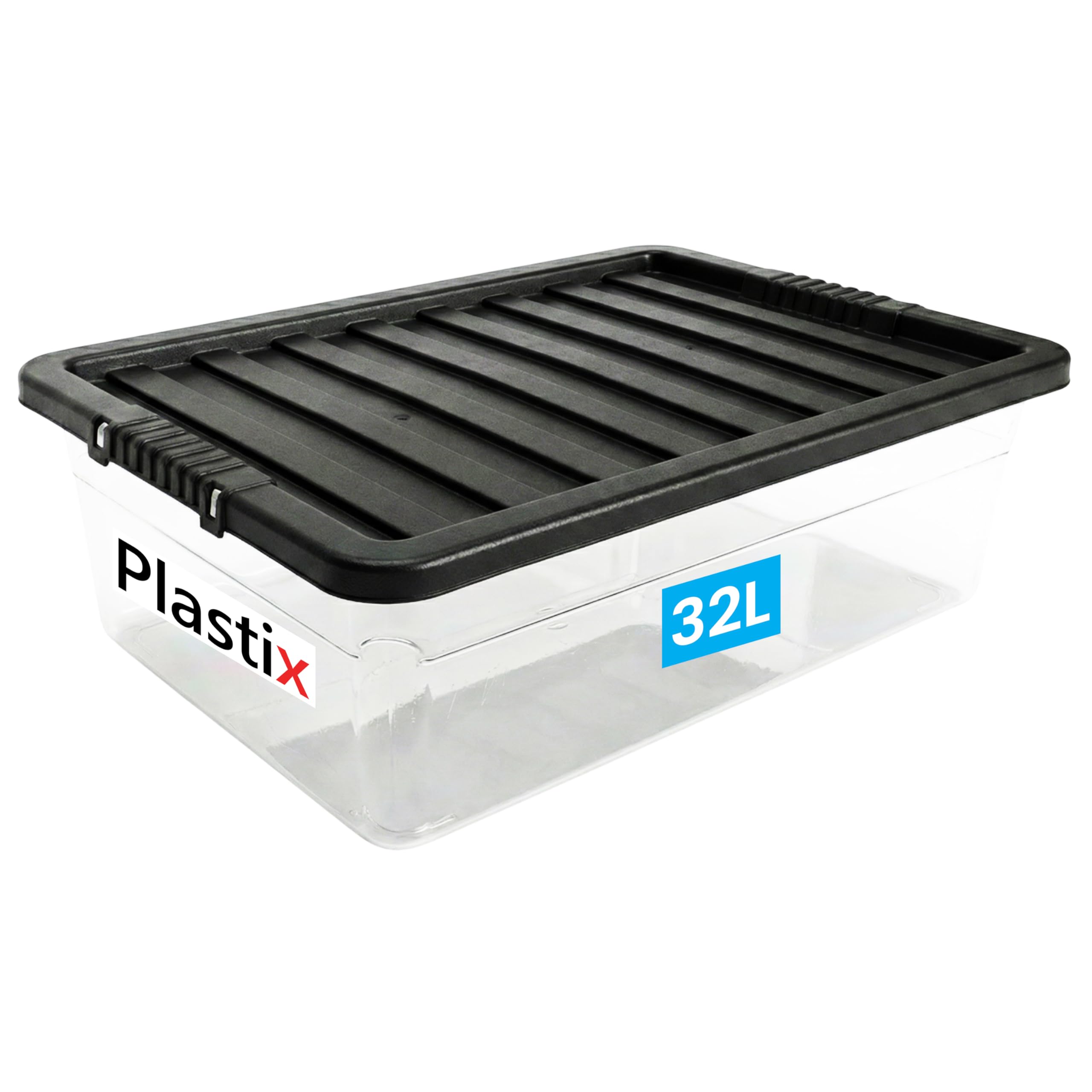 Plastix Clear Plastic Storage Box Boxes With Black Lids Home Office Stackable UK Made (1, 32L Underbed)