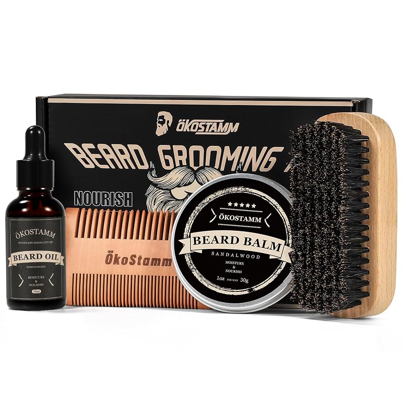Kit 4 em 1 para Barba ÖkoStamm com Escova, Pente, Óleo e Bálsamo
