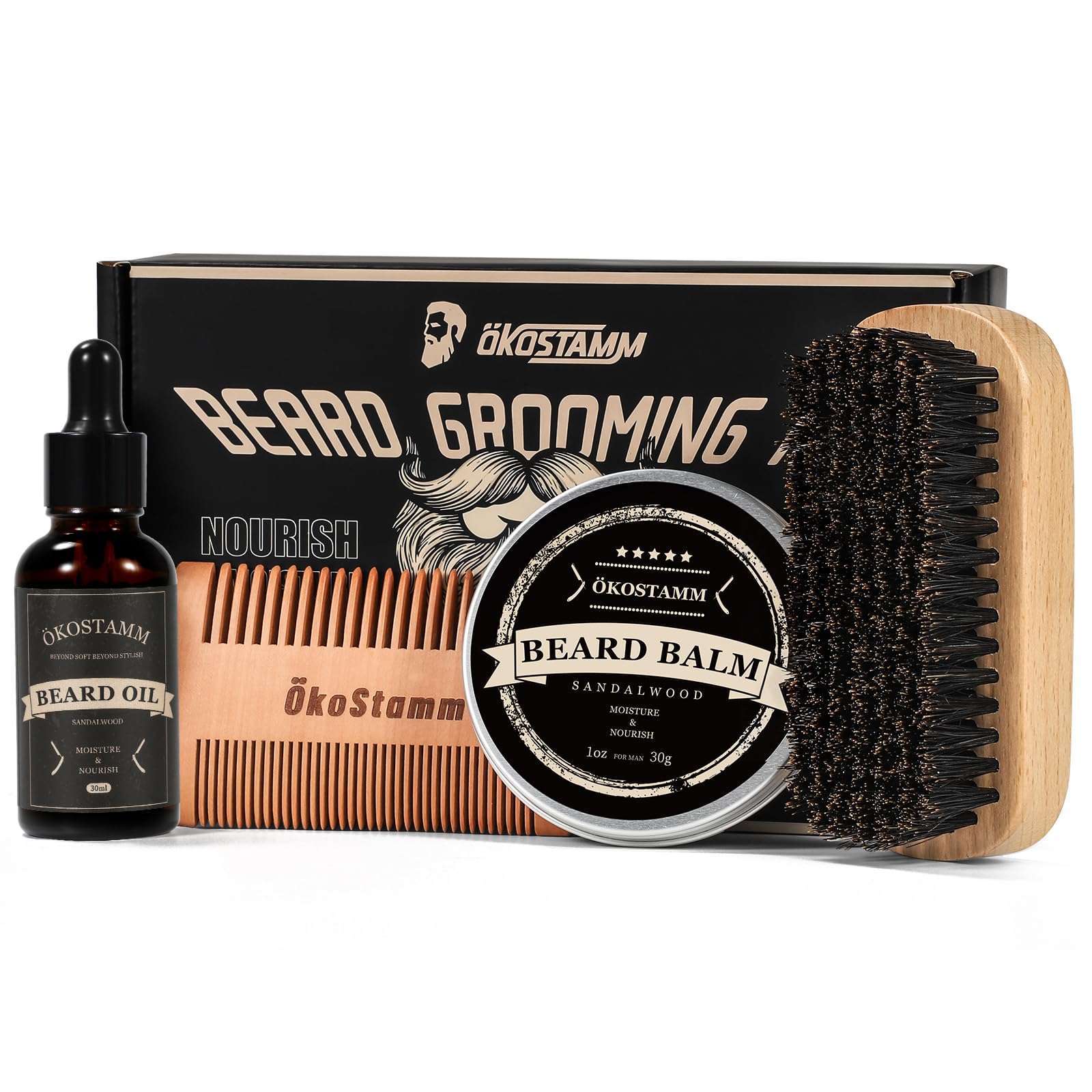4 in 1 Beard Brush and Comb Set with Beard Oil and Balm