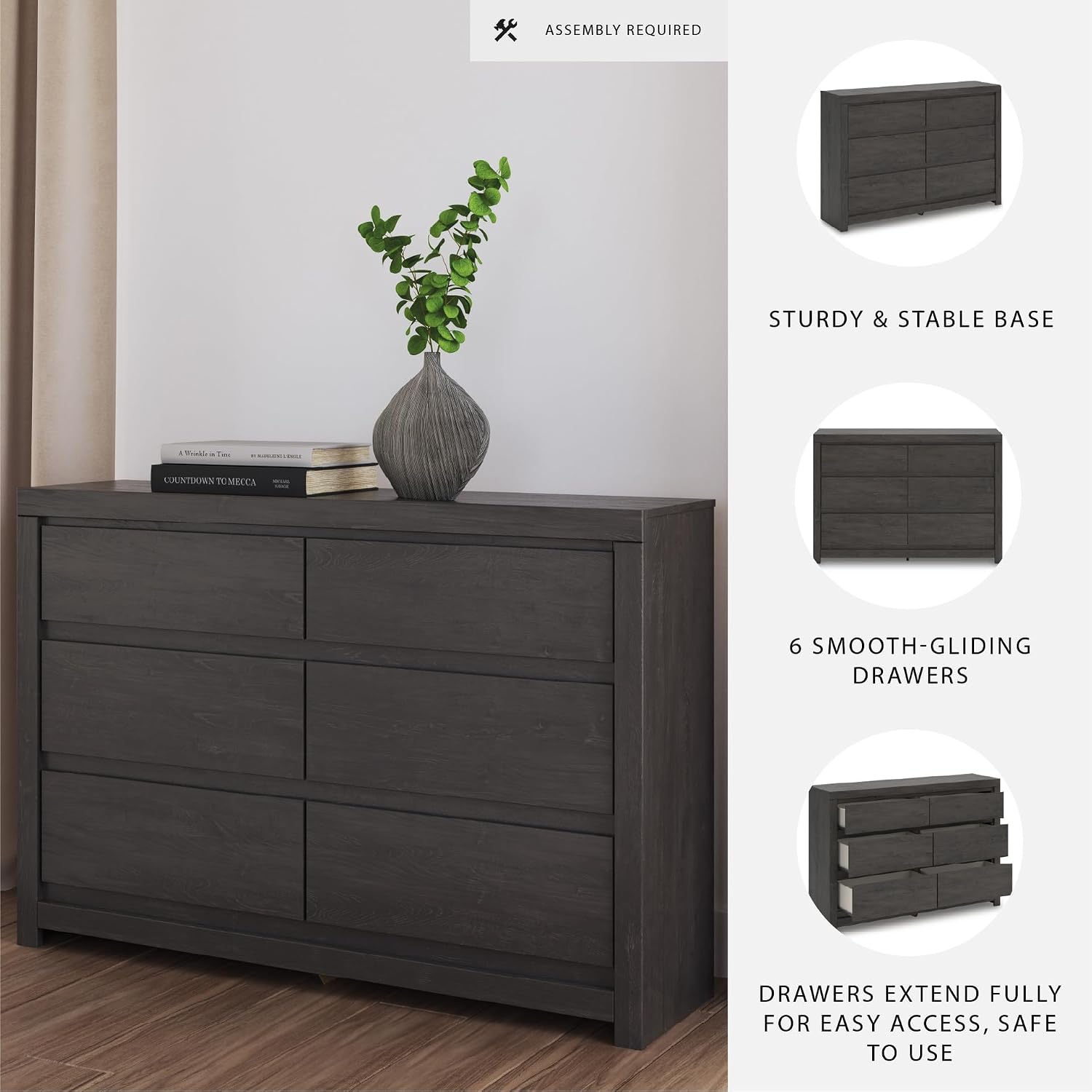 Signature Design by Ashley Candanew 6 Drawer Dresser, Dark Charcoal, Modern Hardware-Less Bedroom Chest of Drawers, Engineered Wood Clothing Storage, 59" W x 16" D x 41" H