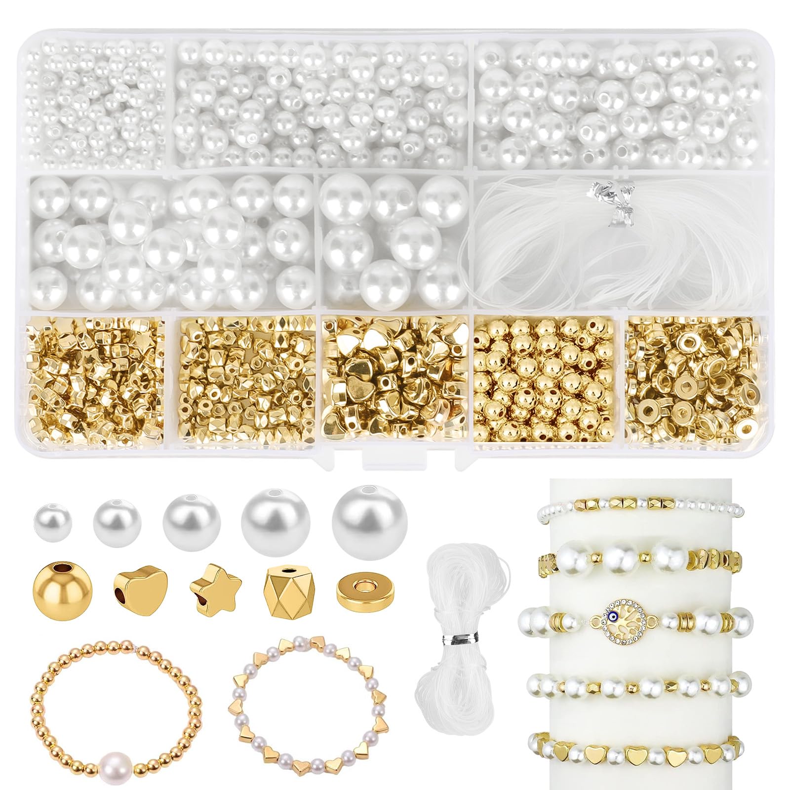 LFBEST 1090 Stück Perlen zum Auffädeln, Glasperlen Weiß Kunstperle Runde Perlen, Weiß Nachahmung Perlen Gold Abstandsperlen für DIY Halsketten Armbänder Schmuck Basteln(∅ 4, 6, 8, 10 12mm)