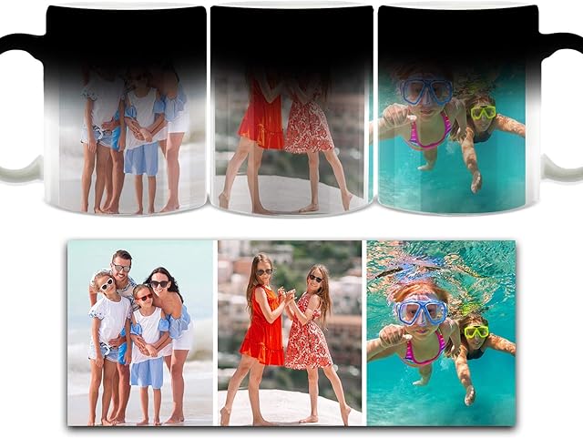 Personalised Mug and Belgian Milk Chocolate/Hot Chocolate Stirrer Marshmallow Gift Set, Tea Cup, Coffee Mug, (11oz) Black Heat Activated Colour Changing Mug Customised with Three Image Photo Collage