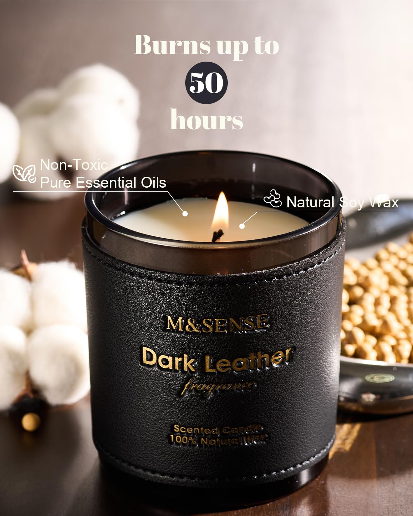 M&SENSE Velas Aromáticas Dark Leather 283g, Aroma Cuero Intenso, Regalo Hombre Original de Lujo, Cera de Soja 50h, Decoración Industrial y Retro
