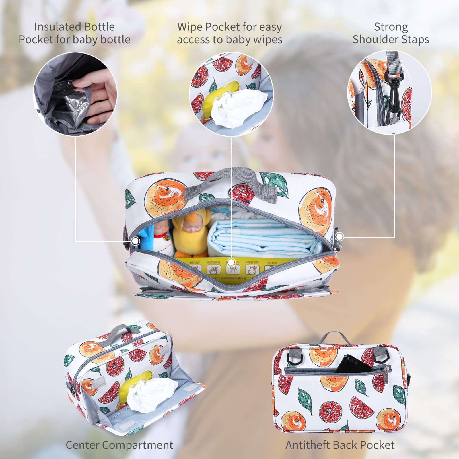 Borsa organizer per passeggino antiscivolo con tasca isolata, ganci per passeggino e cinghia regolabile, universale, adatta alla maggior parte dei passeggini, frutta
