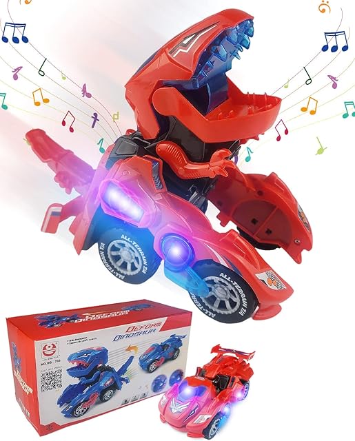 E-SMARTER Dinosaur Transforming Car, Sound and LED Transforming Dinosaur Car, Electric Automatic Transforming Dinosaur Toys Gifts for 3-7+ Year Old Boys Girls Kids Educational Toy for Birthday Xmas