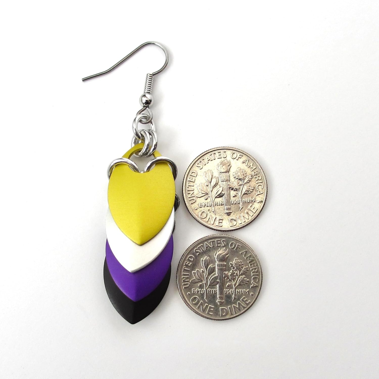 Nonbinary pride earrings, chainmail scales; yellow white purple black