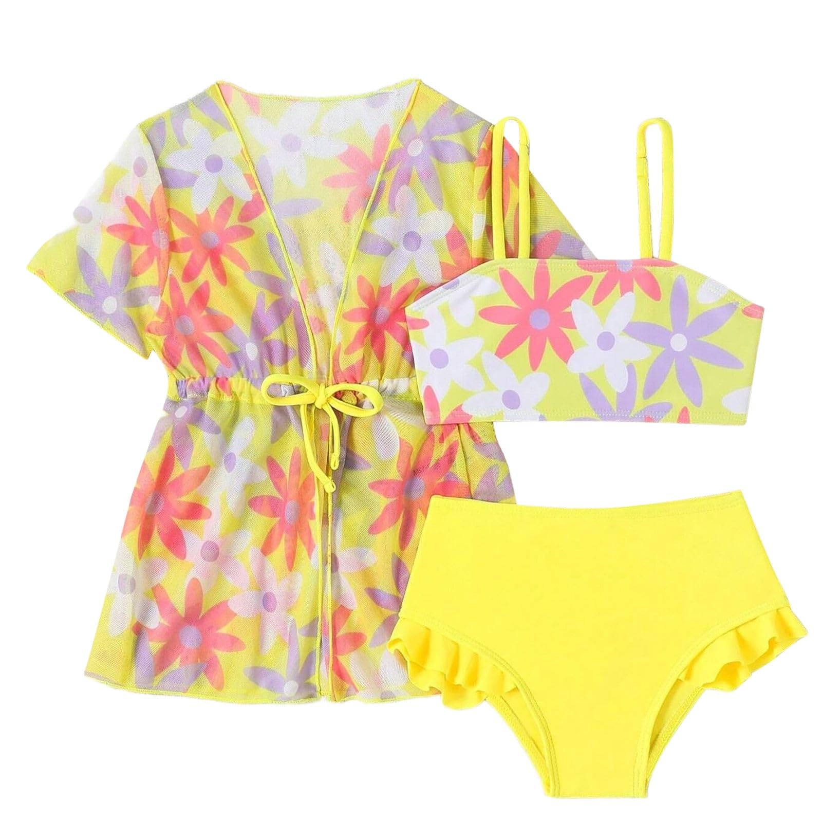 Traje de baño para niña de 3 piezas con estampado de flores, bonito estampado de dibujos animados, traje de baño para playa, piscina, vacaciones de verano, atuendo, edad 3-7 años