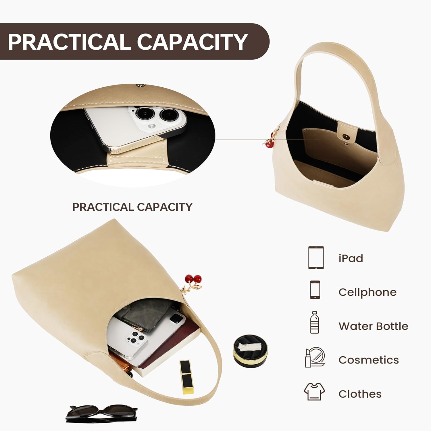 Hobo Bags for Women Slouchy Tote Purse with Cherry Charm Trendy Designer Handbag for Fall Fashion