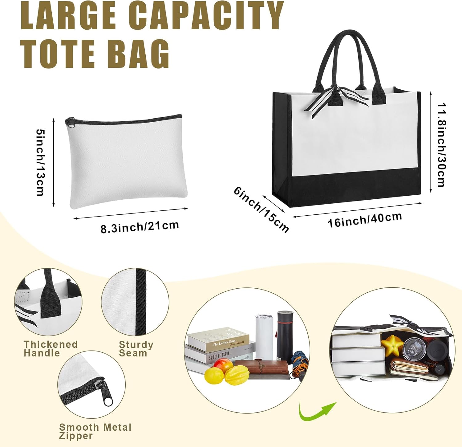 Yahenda 24 Pcs Beach Canvas Tote Bag with Canvas Set Blank Initial Makeup Reusable Gift Bags for Women Personalized Kitchen Grocery for Gift DIY Travel Shopping Bridesmaid Bride Wedding, Black White