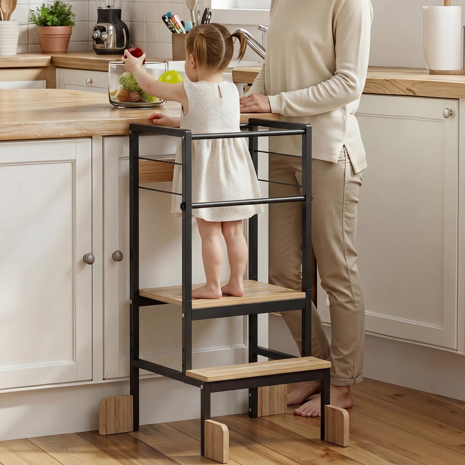 COSYLAND Adjustable Height Kids Kitchen Standing Stool, Toddler Learning Step Stool with Safety Bar and Four Support Corners, Safe Helper Tower for Ages 18 Months-6 Years (Black & Natural) — image 1