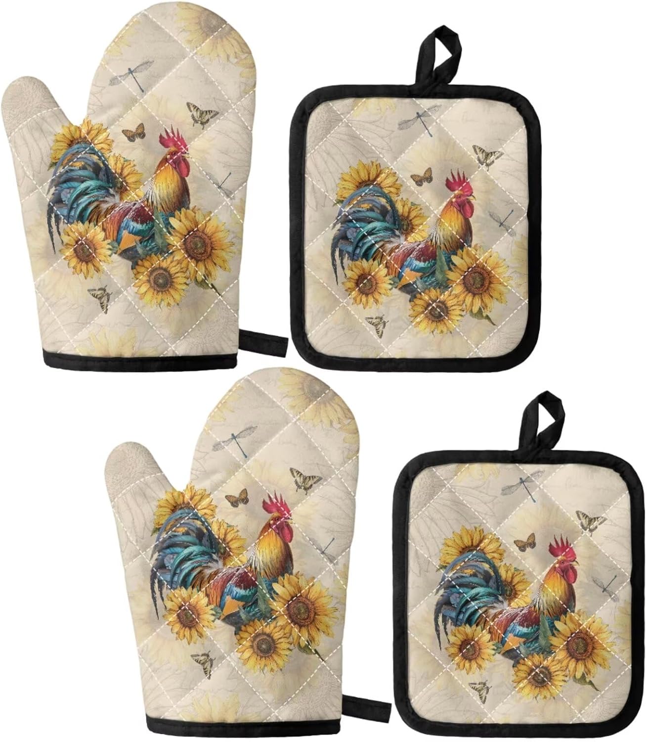 UNICEU Sunflower Chicken Dragonfly Oven Mitts Kitchen Accessory 4 Piece Sunflowers Rooster Oven Mitts and Pot Holder Non Slip Cooking Gloves for Kitchen Cooking Backing BBQ