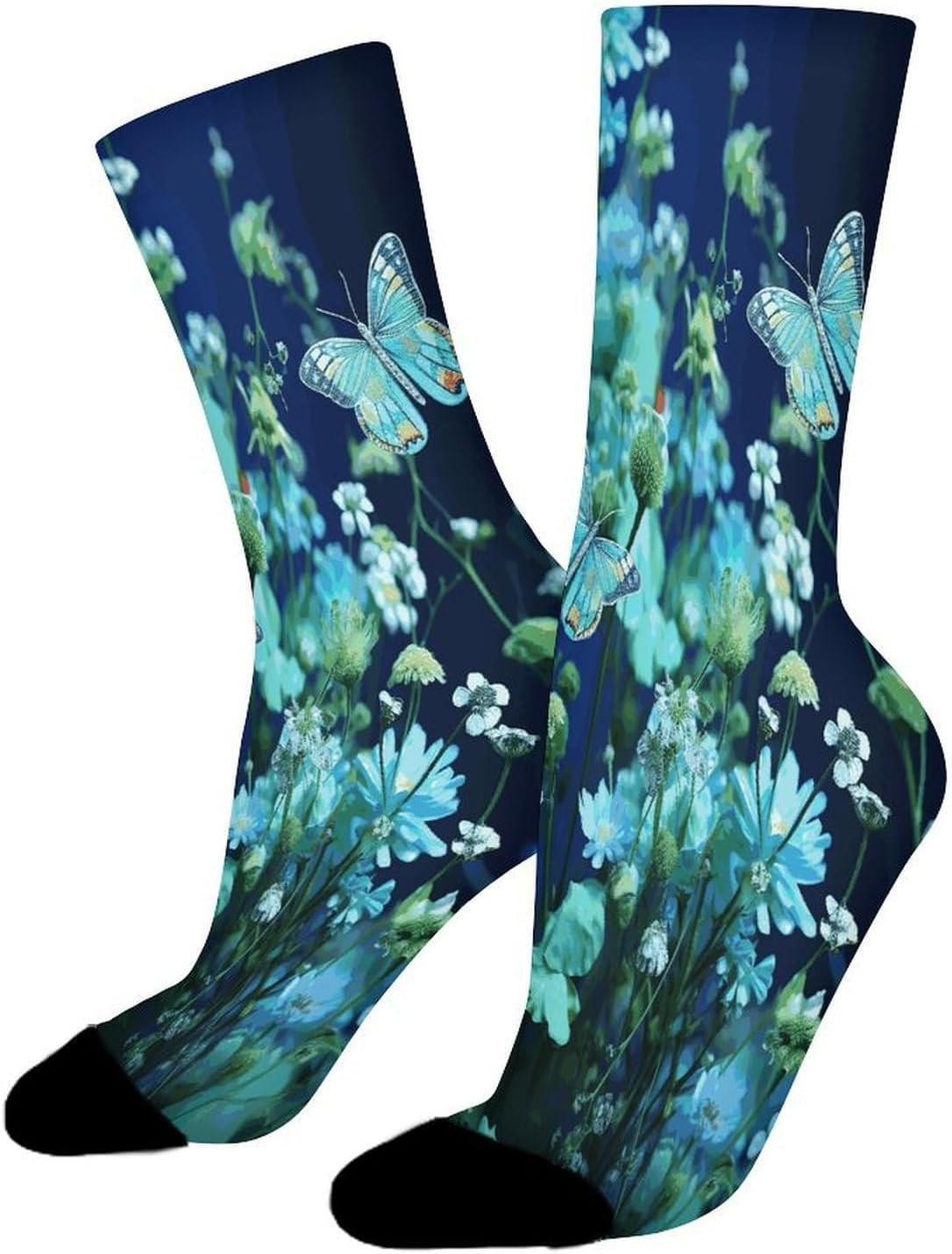 Green Butterfly And Blue Flowers Crew Sock High Stocking Grippy Socks | Socks for Men & Women,Stockings-Long Thin Tube Sports, Breathable Soft Athletic for Nurses,Travel