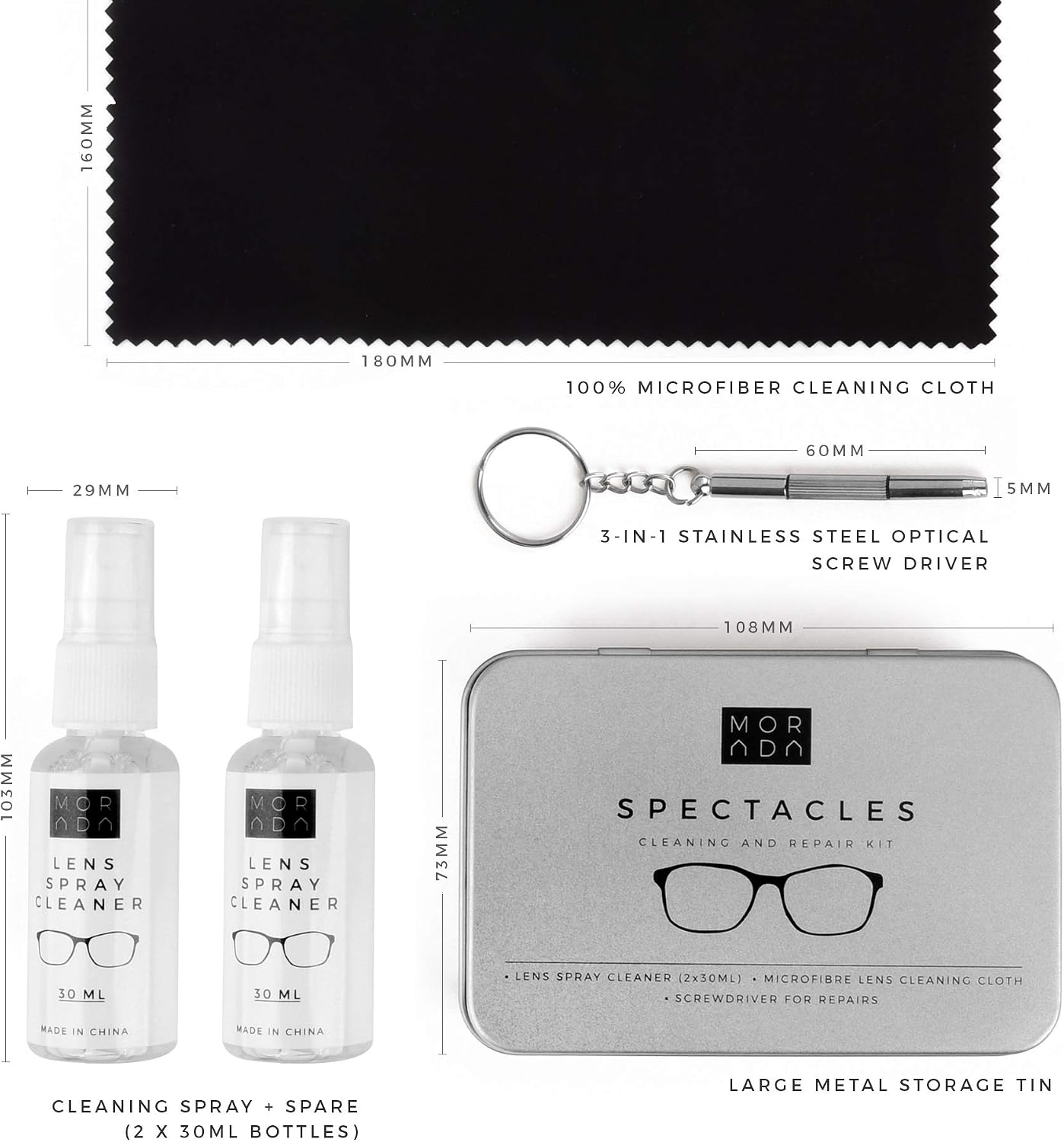 MORADA Glasses Cleaning kit | Convenient Eyeglass Care Set in Carry Tin | Includes Microfiber Cloth, Screwdriver for Adjustments and Lens Cleaner Spray for Eye Glasses | (Large Size Tin, 2X 1fl oz)