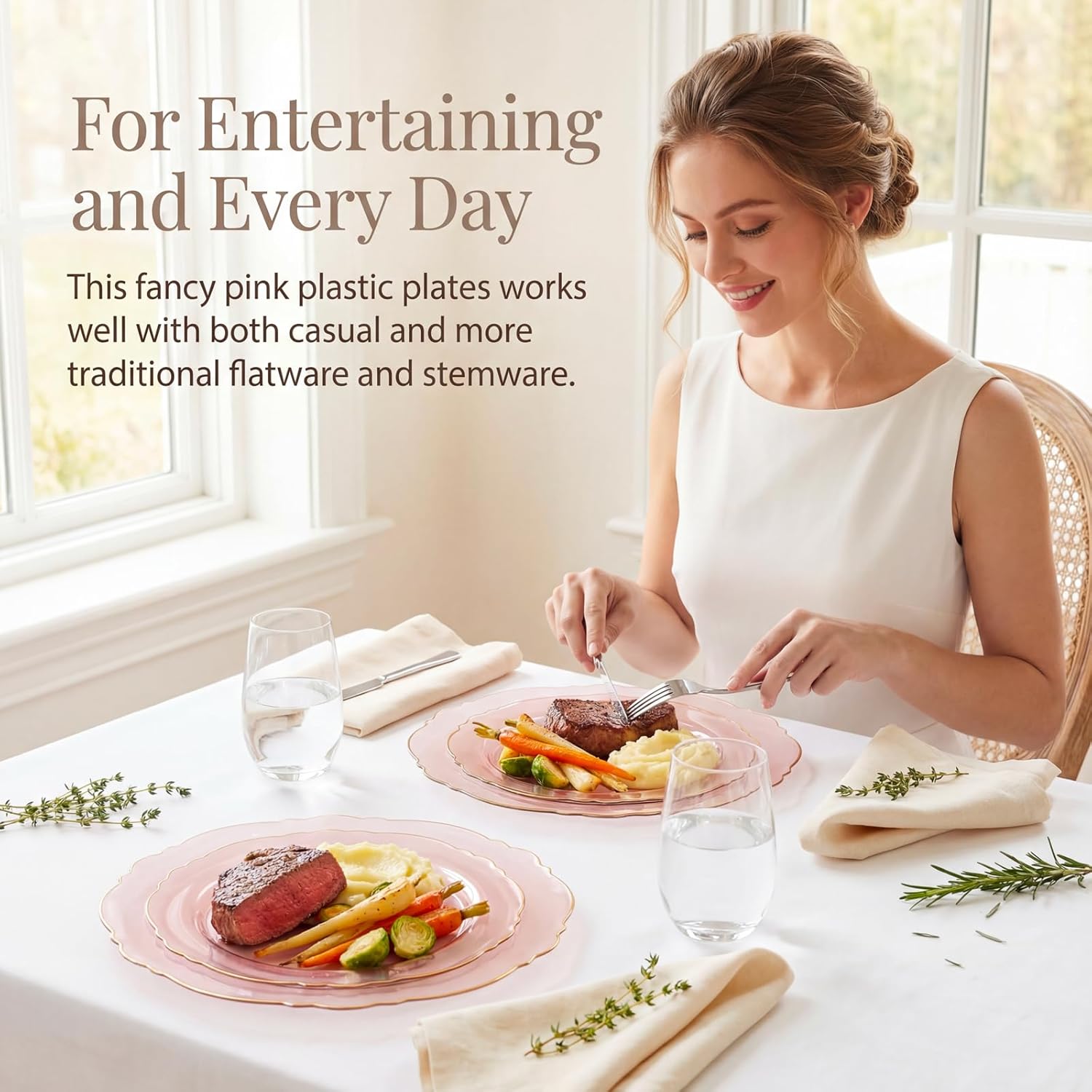 KIRE 210Pcs Clear Pink Plastic Plates with Gold Rim - Disposable Pink Plates&Silverware&Pink Cups&Hand Napkin - Plum Colored Plastic Dinnerware for Upscale Wedding/Valentine's Day - Image 4