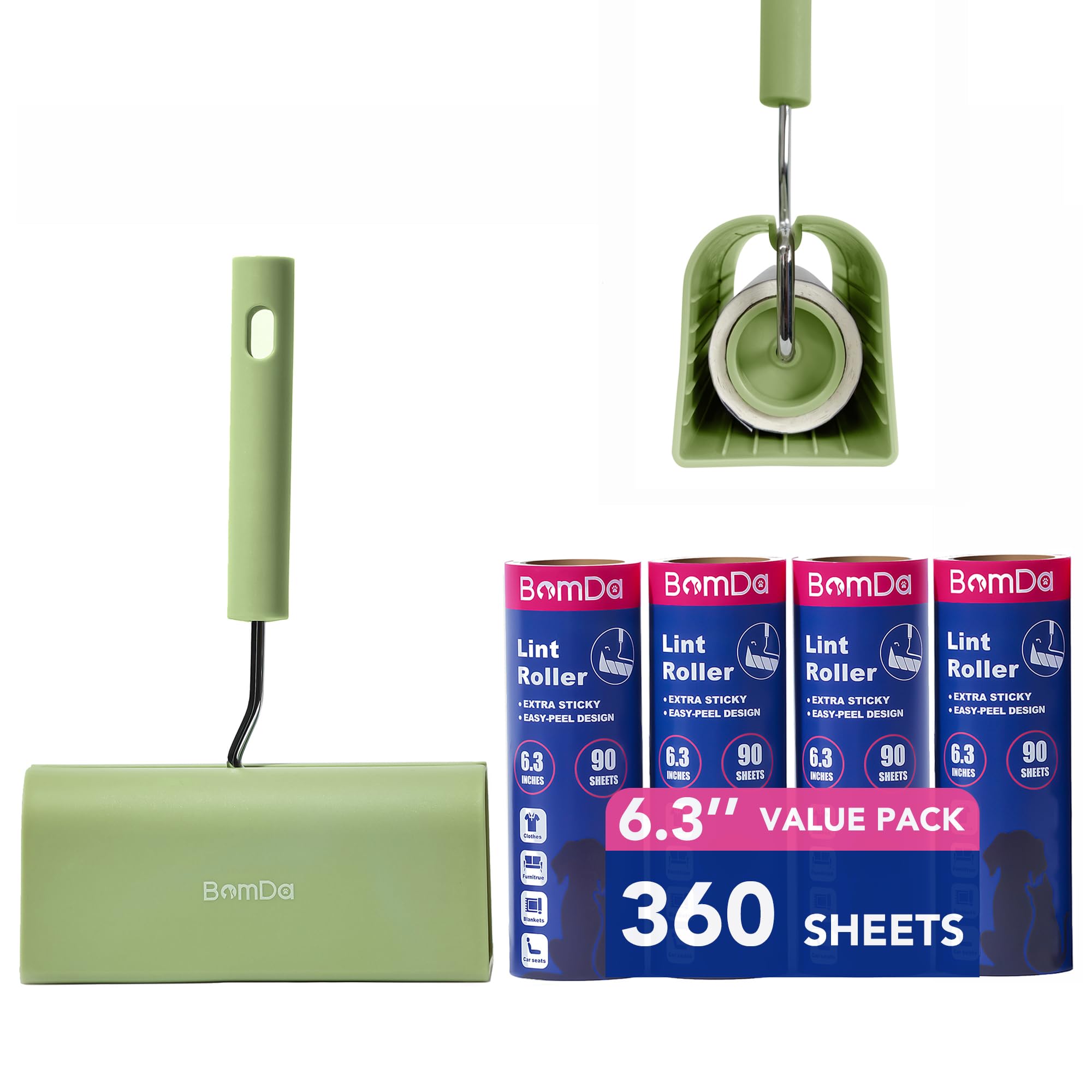 BomDa Extra Sticky Large Surface Lint Roller, 6.3'' Giant Lint Roller for Pet Hair, 180 Sheets/ 2 Re