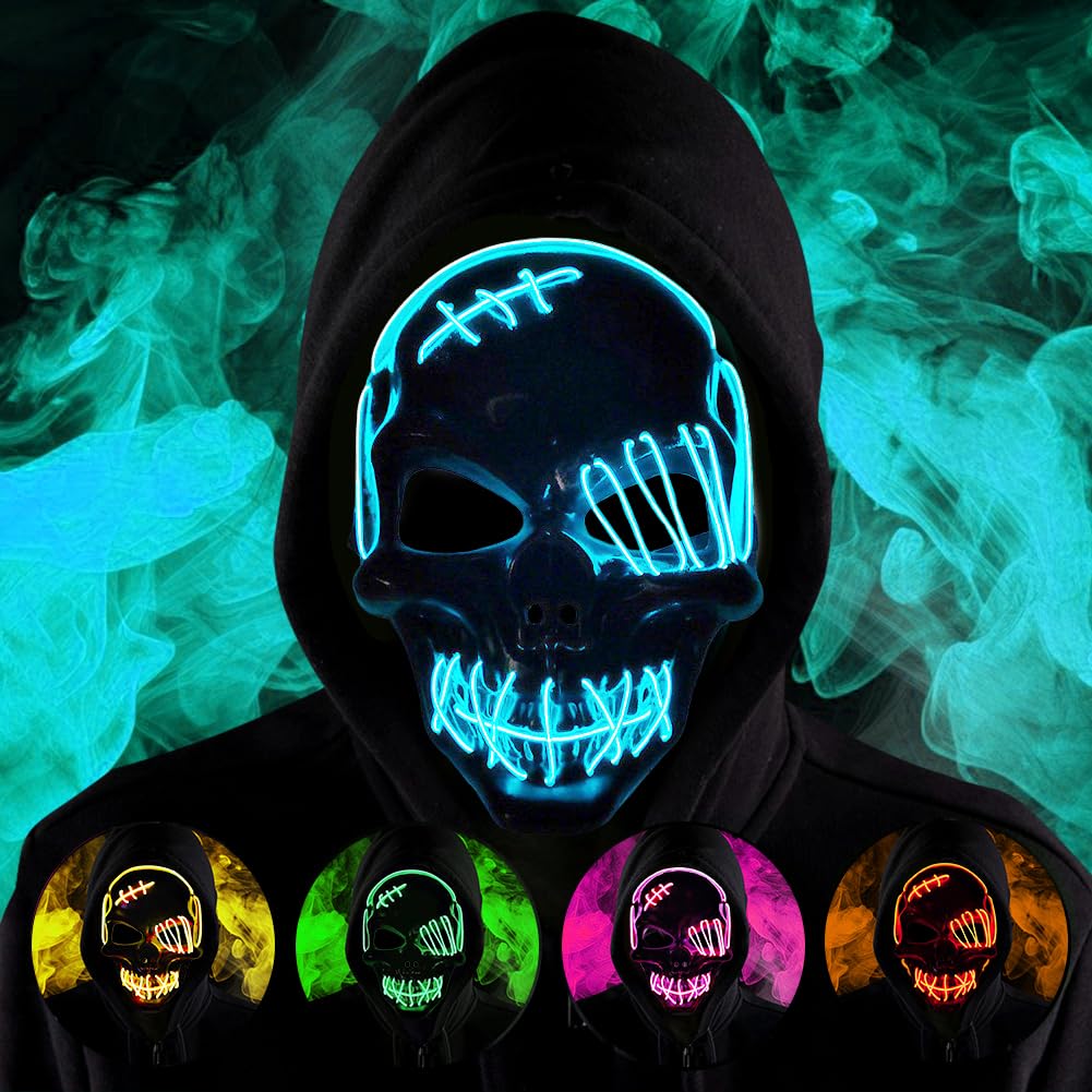 HATFRYF Halloween Skull Mask, Scary LED Halloween Mask, Halloween Face Masks for Men Women Kids, Light up Cosplay, Glowing Horror Smile, Anonymous Neon Gifts — image 1